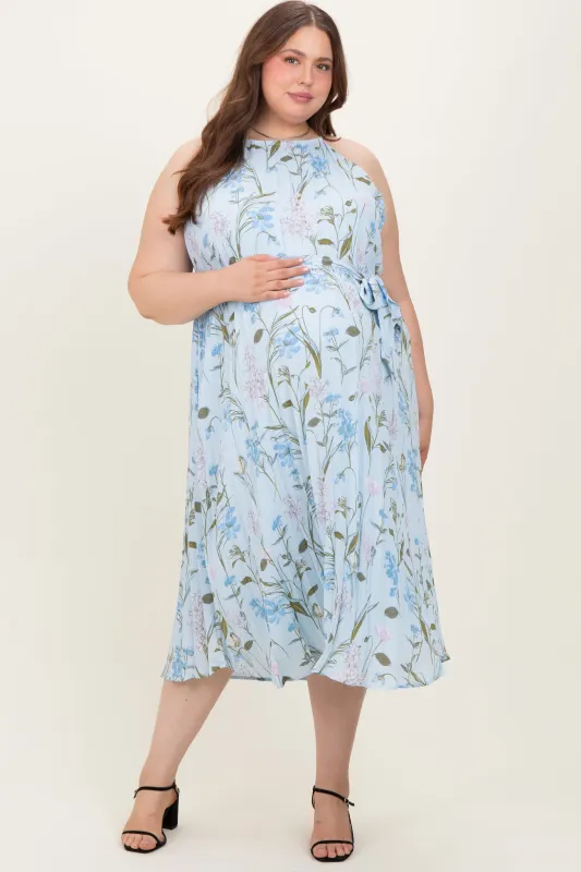 Light Blue Floral Pleated Sleeveless Maternity Plus Midi Dress sold by Pinkblush