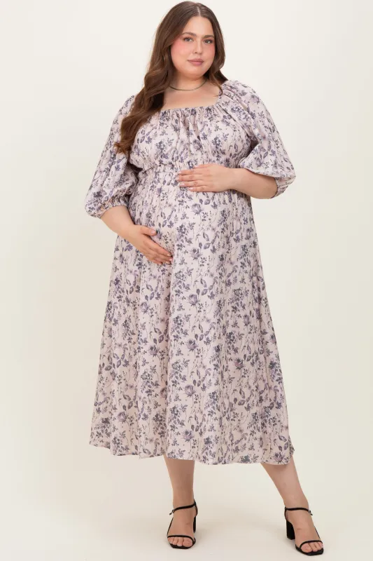 Light Pink Floral Puff Sleeve Smocked Waist Maternity Plus Midi Dress sold by Pinkblush