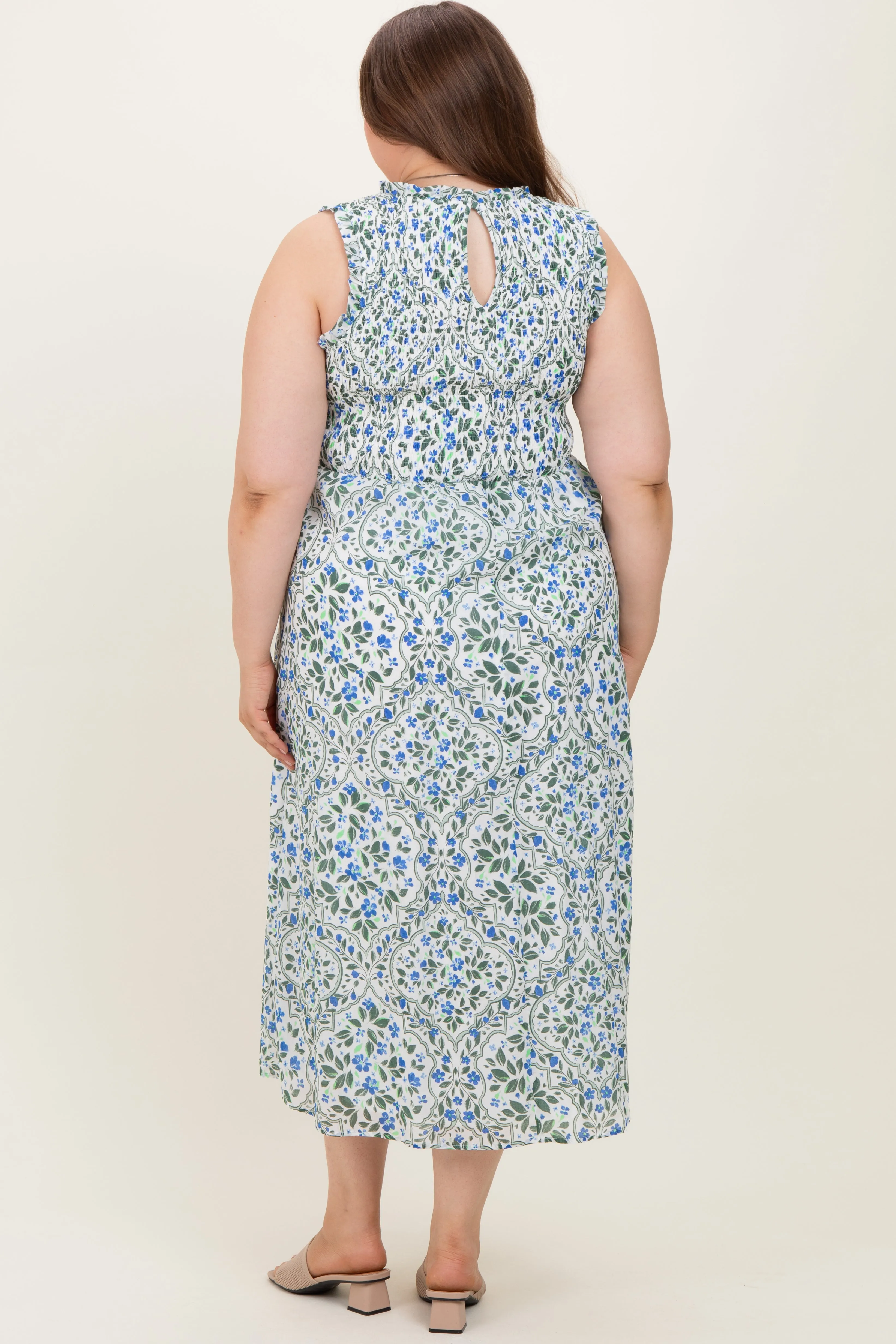 Blue Floral Smocked Sleeveless Maternity Plus Midi Dress sold by Pinkblush product image thumbnail 4