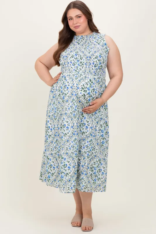 Blue Floral Smocked Sleeveless Maternity Plus Midi Dress sold by Pinkblush
