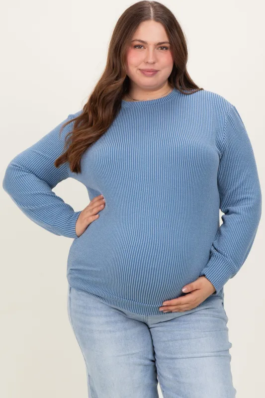 Blue Textured Ribbed Long Sleeve Maternity Plus Top sold by Pinkblush