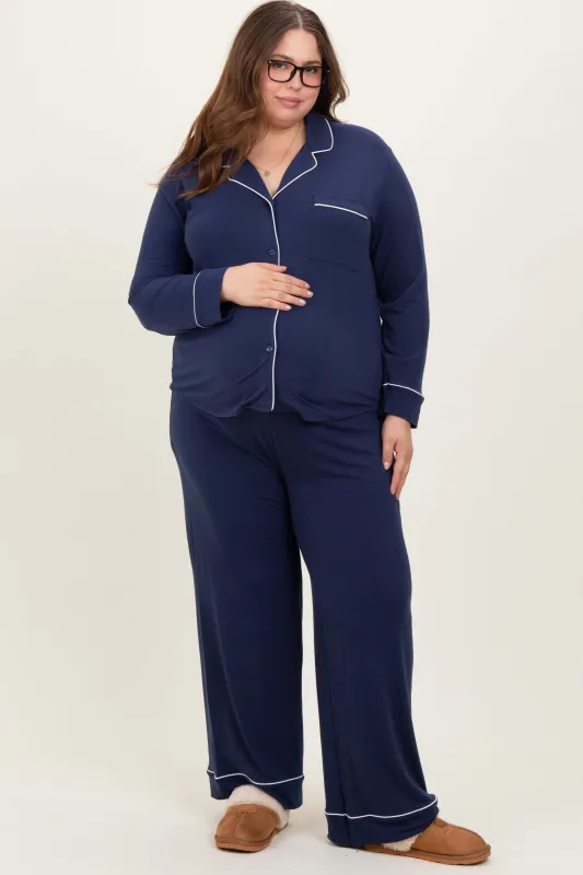 Navy Button Down Top Wide Leg Pant Maternity Plus Pajama Set sold by Pinkblush