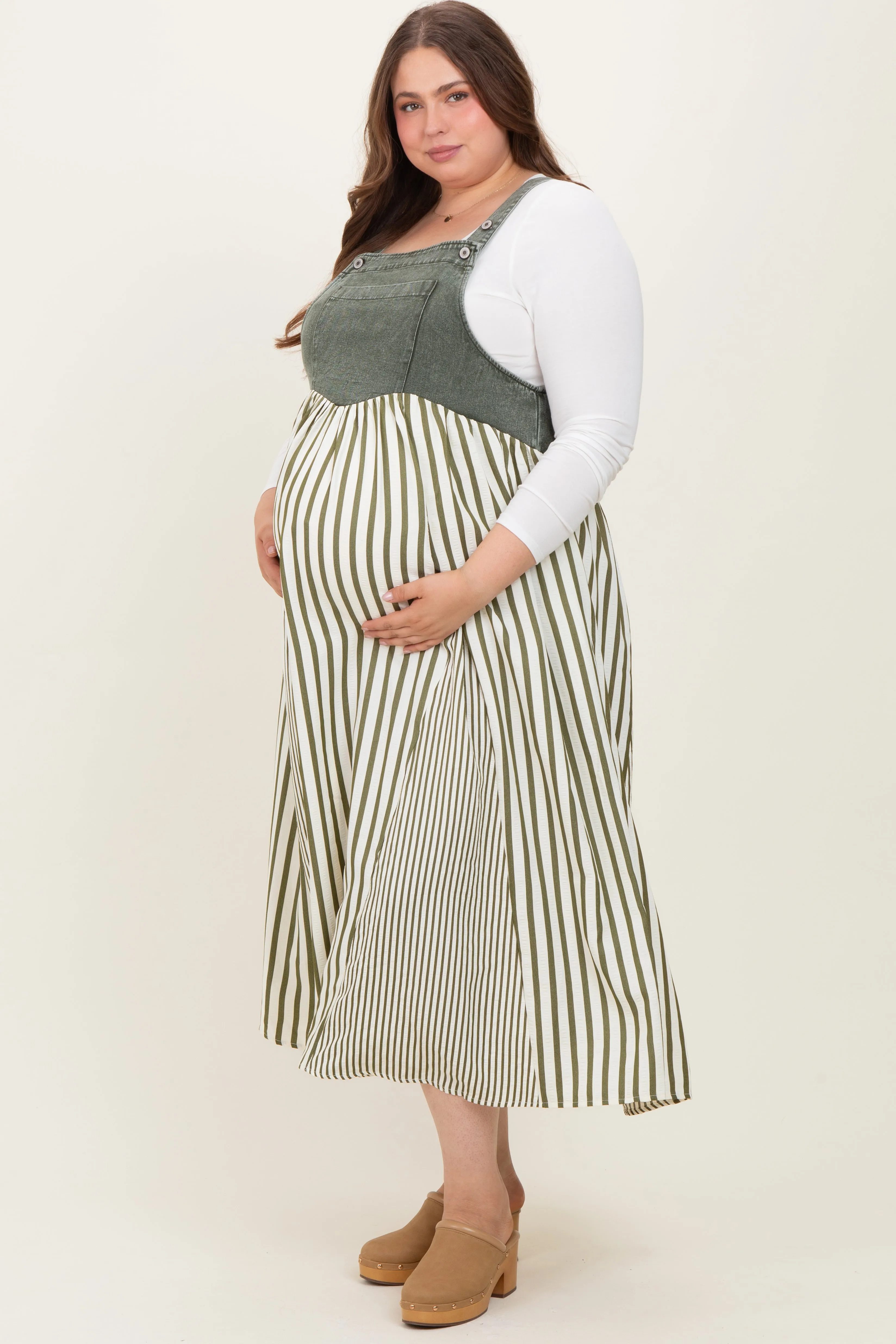 Olive Striped Colorblock Denim Contrast Maternity Plus Maxi Dress sold by Pinkblush product image thumbnail 3