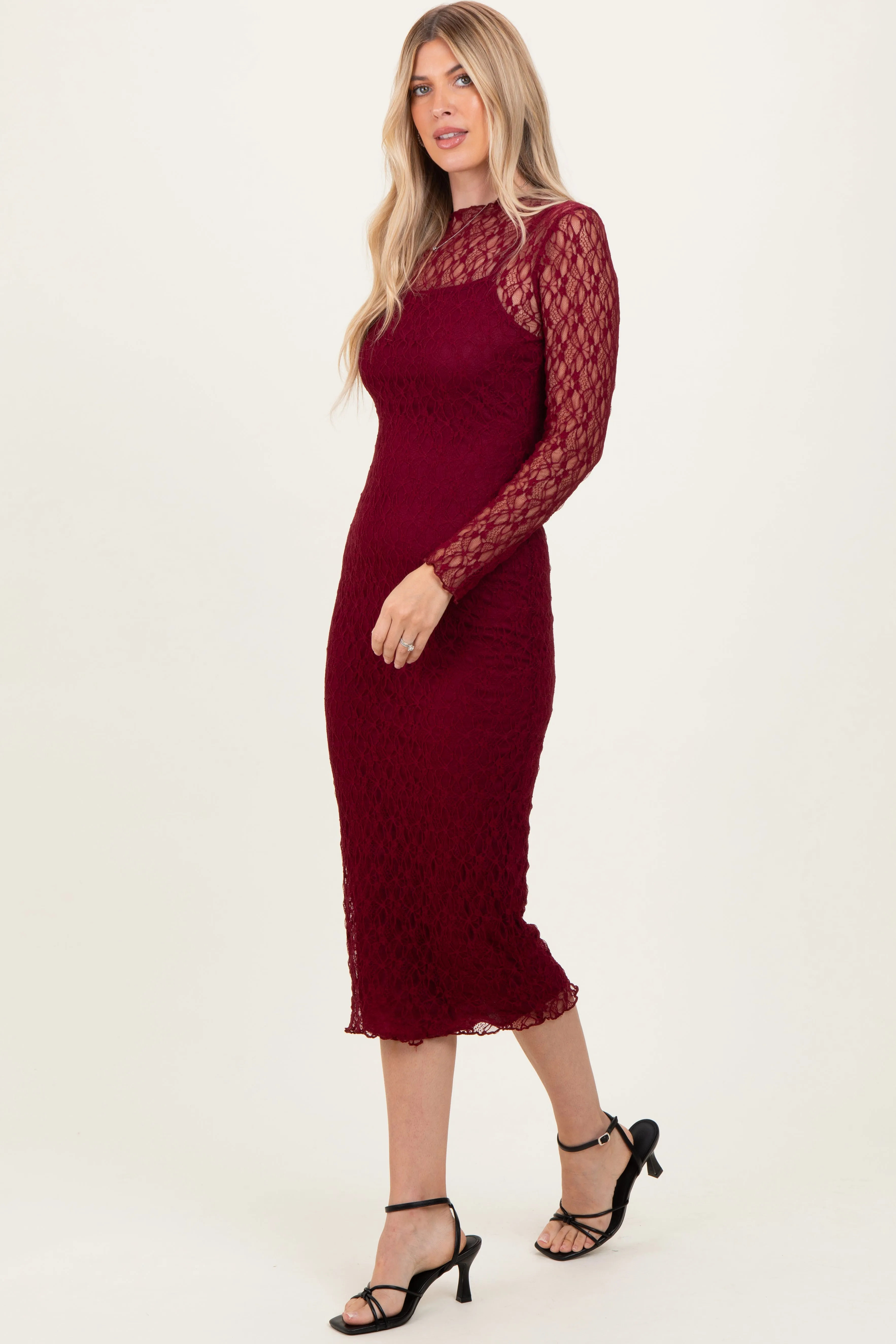 Burgundy Lace Overlay Fitted Midi Dress sold by Pinkblush product image thumbnail 3