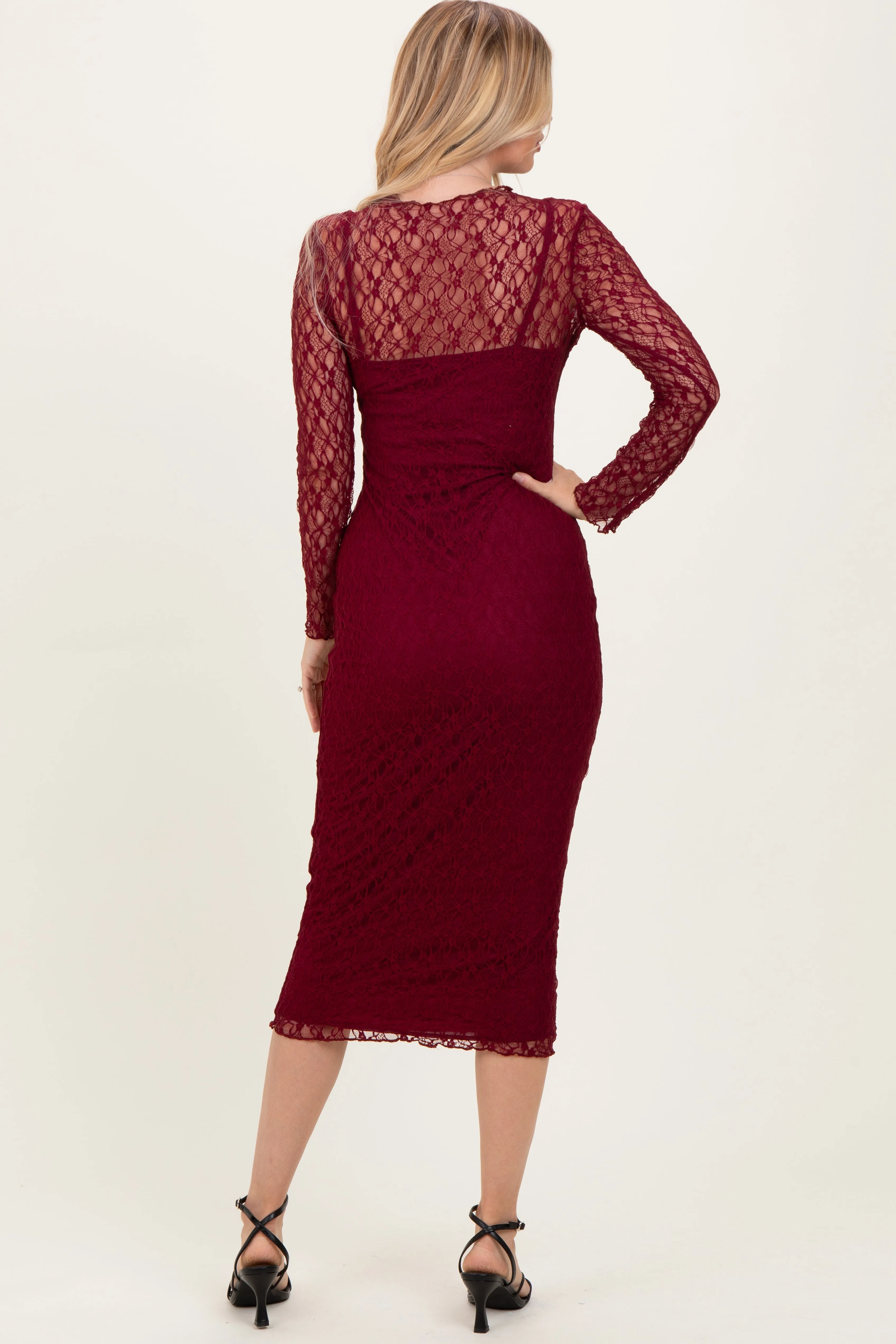 Burgundy Lace Overlay Fitted Midi Dress sold by Pinkblush product image thumbnail 4