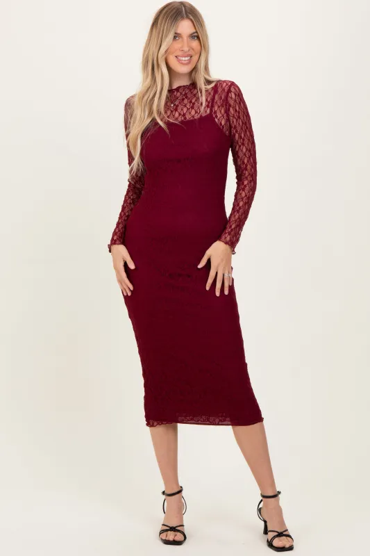 Burgundy Lace Overlay Fitted Midi Dress sold by Pinkblush