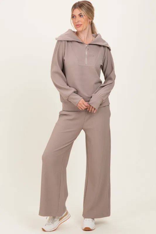 Mocha Ribbed Half Zip Pullover Wide Leg Pant Set sold by Pinkblush