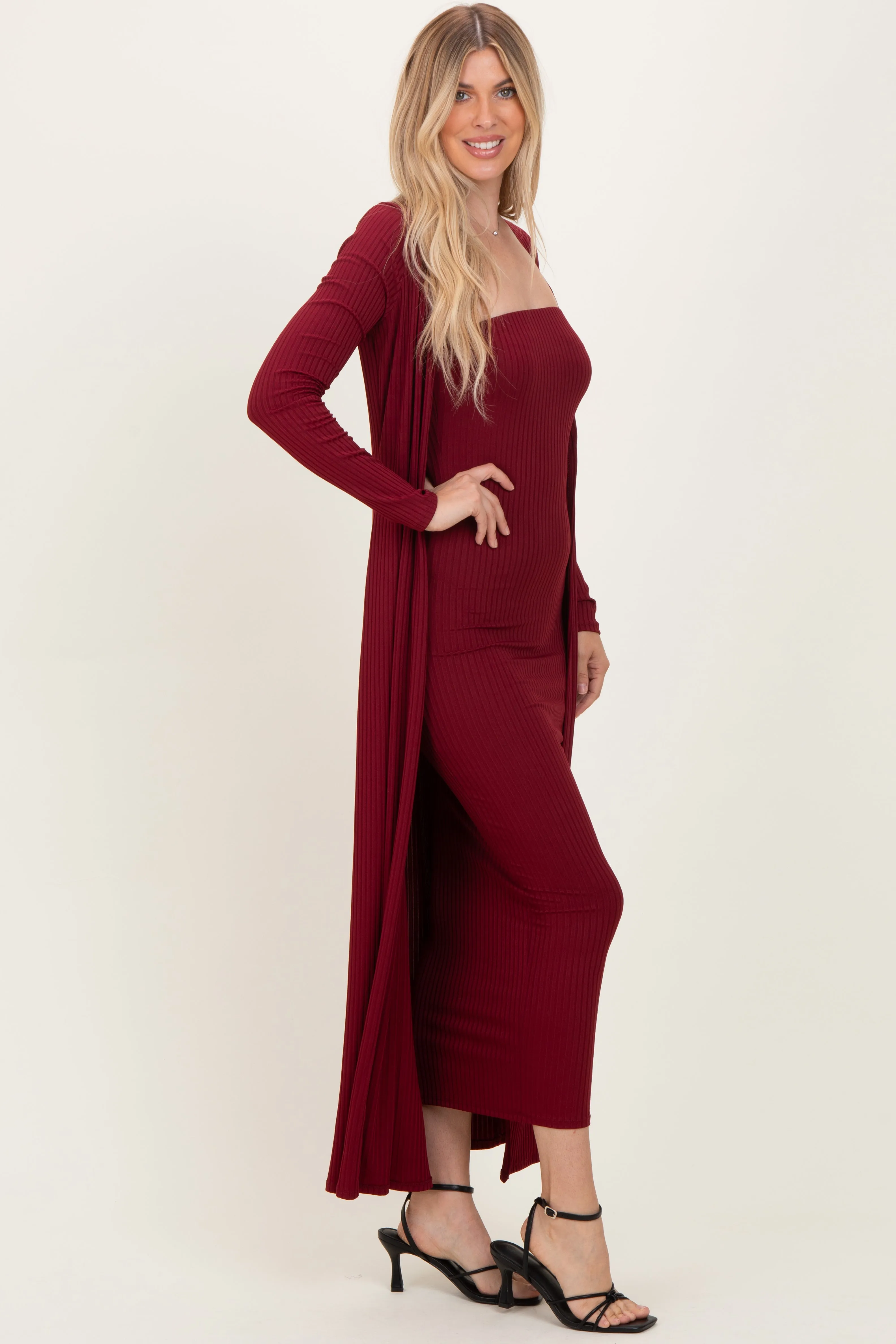 Burgundy Ribbed Sleeveless Dress Cardigan Set sold by Pinkblush product image thumbnail 3