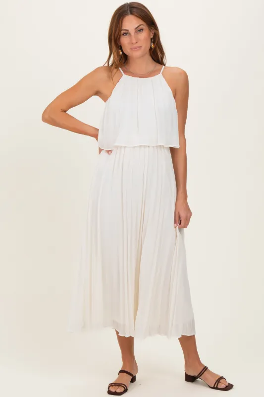 Cream Pleated Woven Midi Dress sold by Pinkblush
