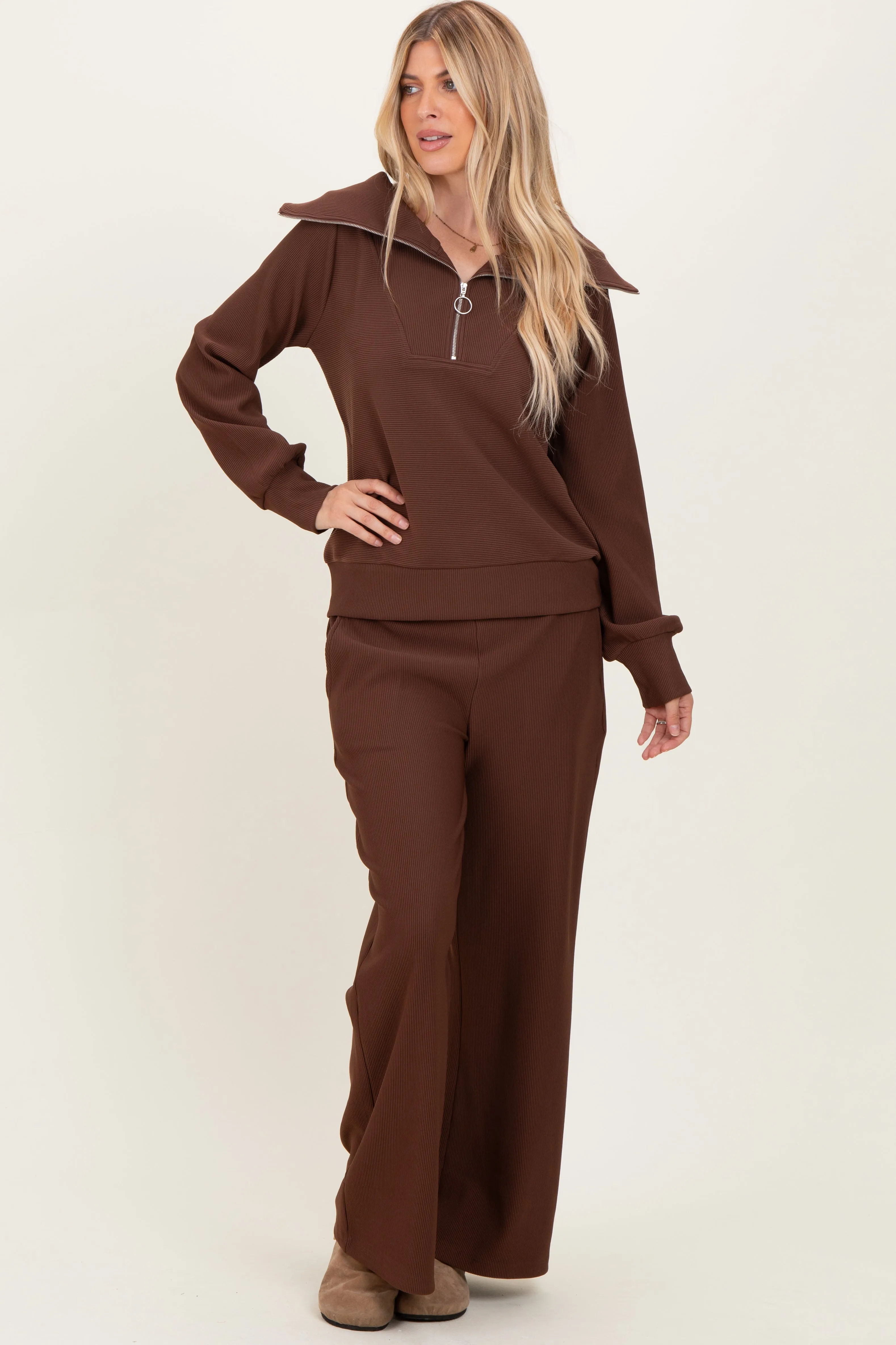 Brown Ribbed Half Zip Pullover Wide Leg Pant Set sold by Pinkblush product image thumbnail 2