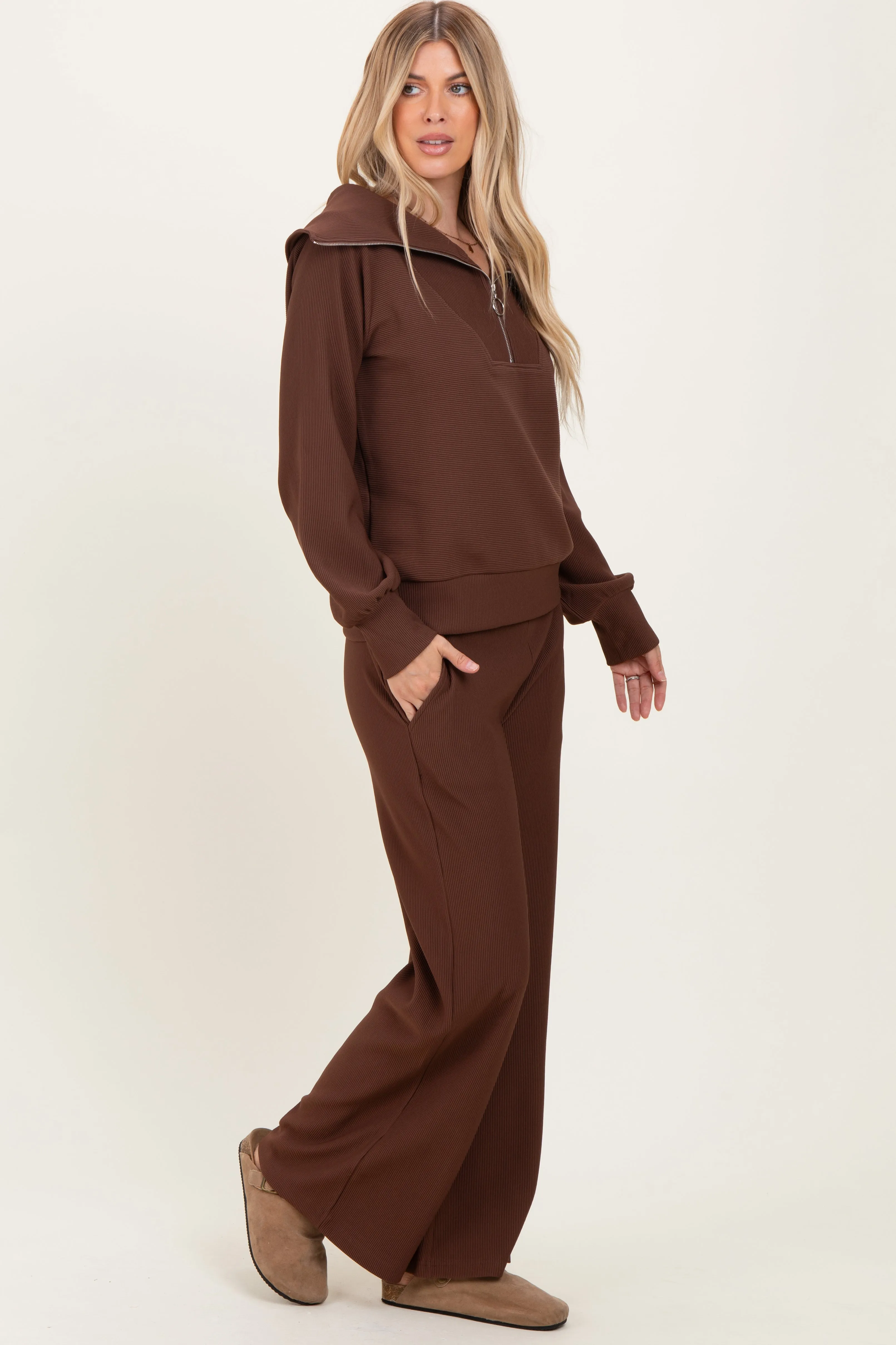 Brown Ribbed Half Zip Pullover Wide Leg Pant Set sold by Pinkblush product image thumbnail 3