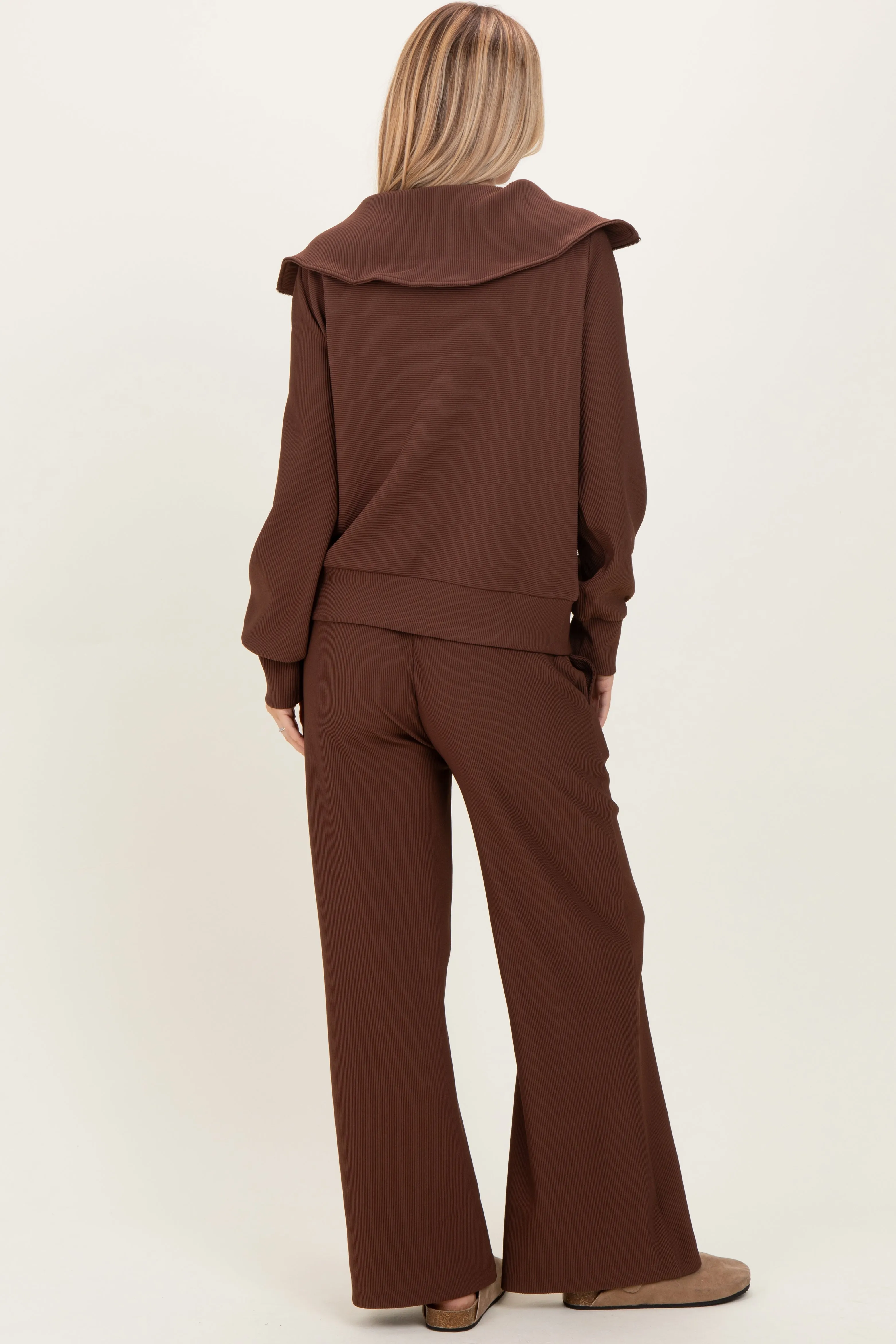 Brown Ribbed Half Zip Pullover Wide Leg Pant Set sold by Pinkblush product image thumbnail 4
