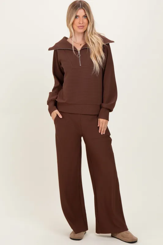 Brown Ribbed Half Zip Pullover Wide Leg Pant Set sold by Pinkblush