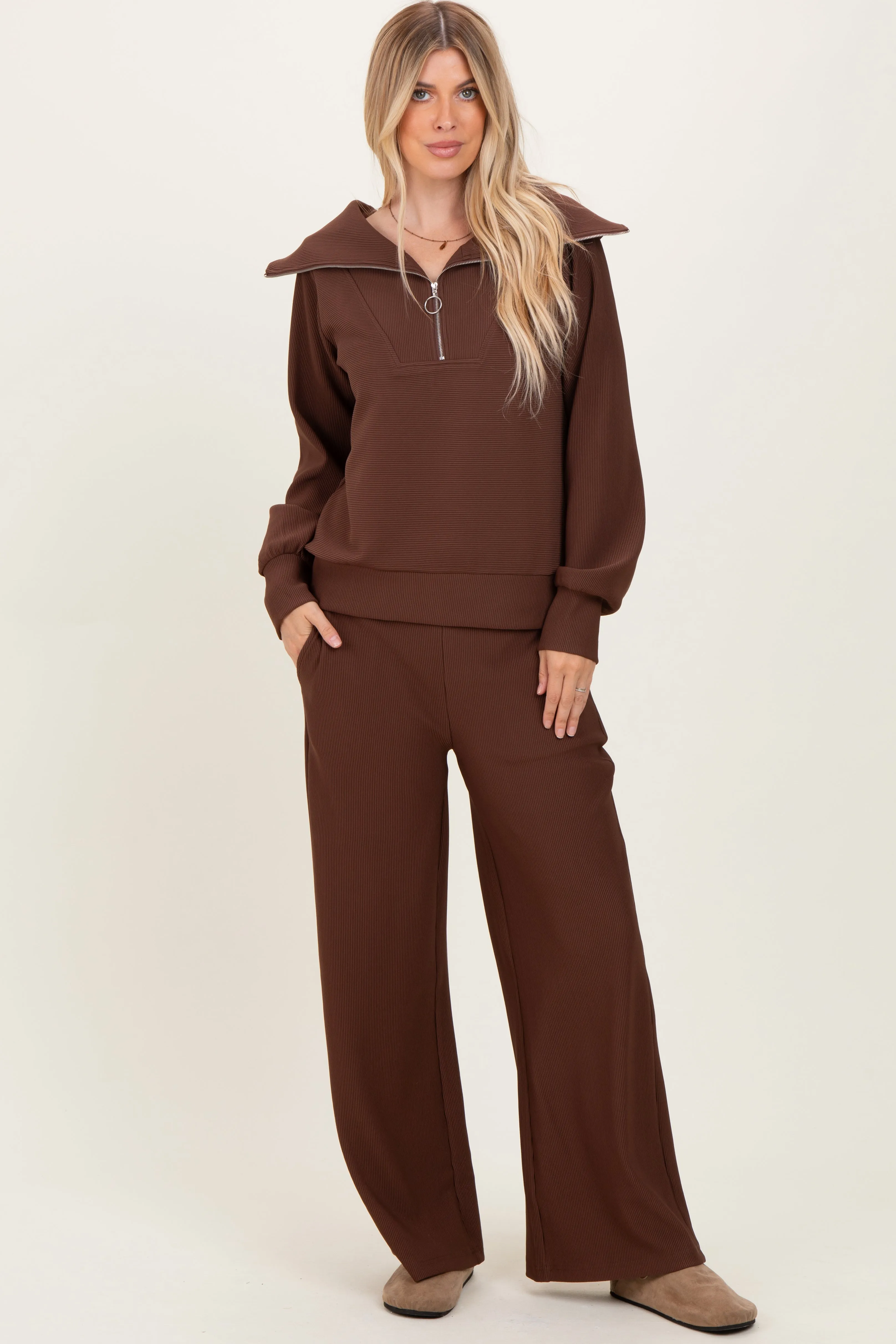 Brown Ribbed Half Zip Pullover Wide Leg Pant Set sold by Pinkblush