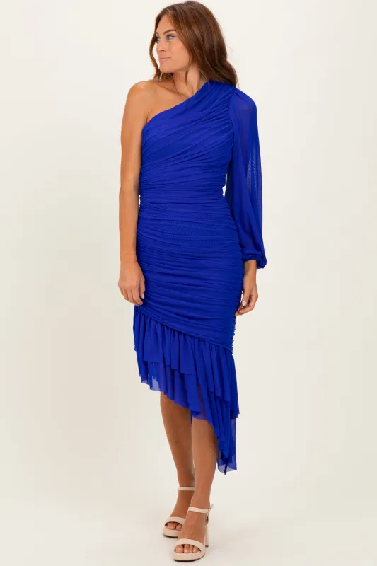 Royal Blue Mesh Ruched One Shoulder Asymmetric Dress sold by Pinkblush