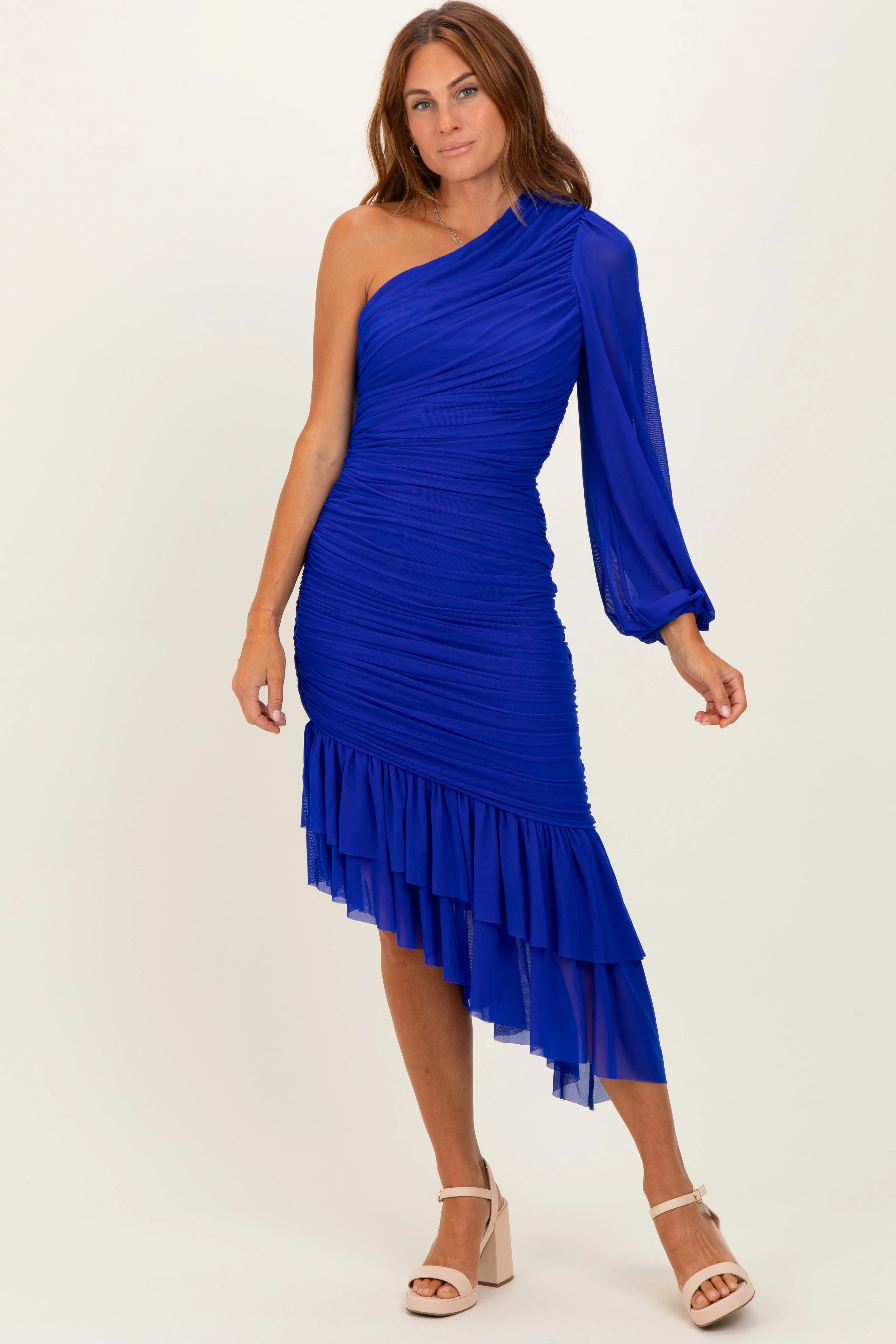 Royal Blue Mesh Ruched One Shoulder Asymmetric Dress sold by Pinkblush product image thumbnail 2