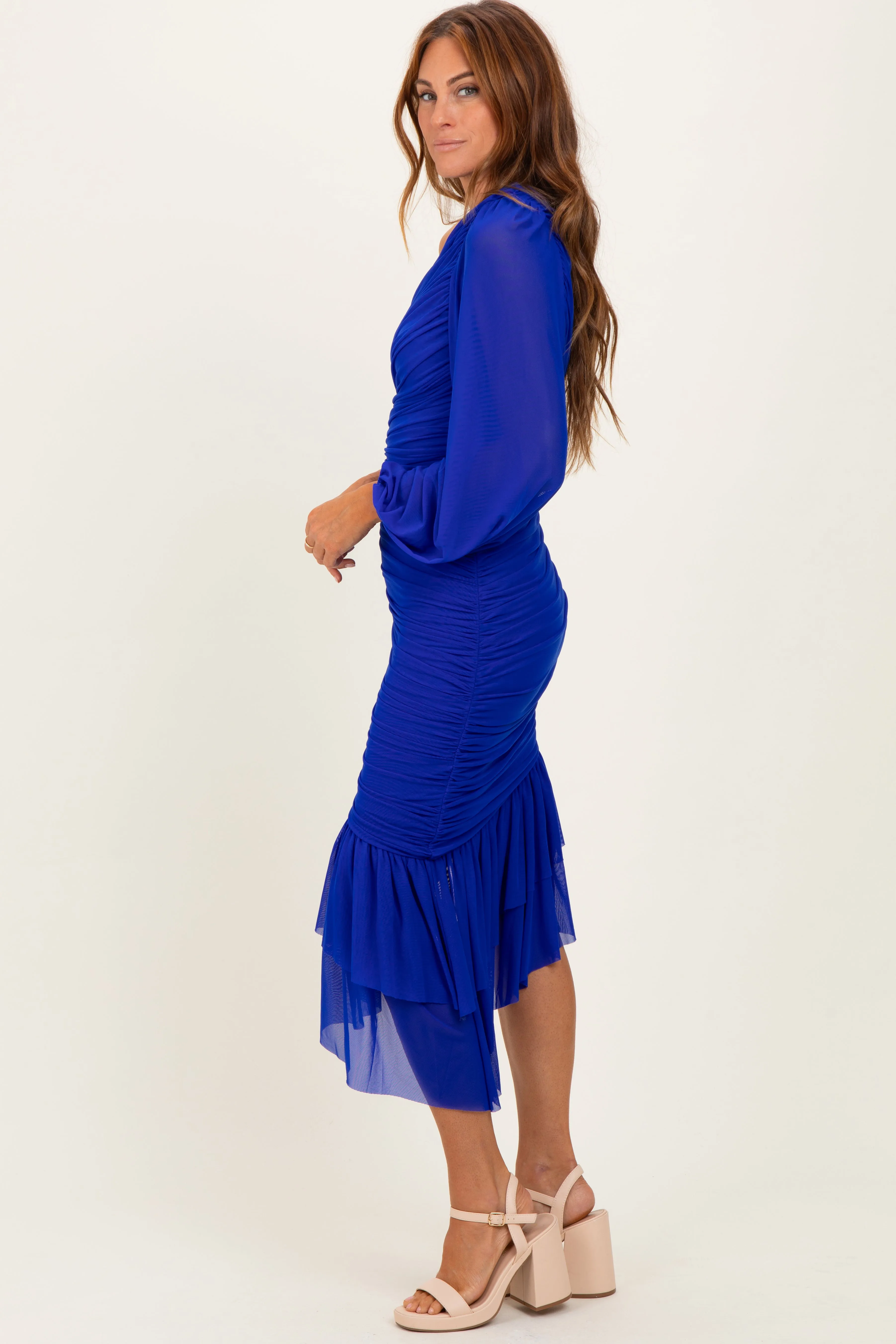 Royal Blue Mesh Ruched One Shoulder Asymmetric Dress sold by Pinkblush product image thumbnail 3