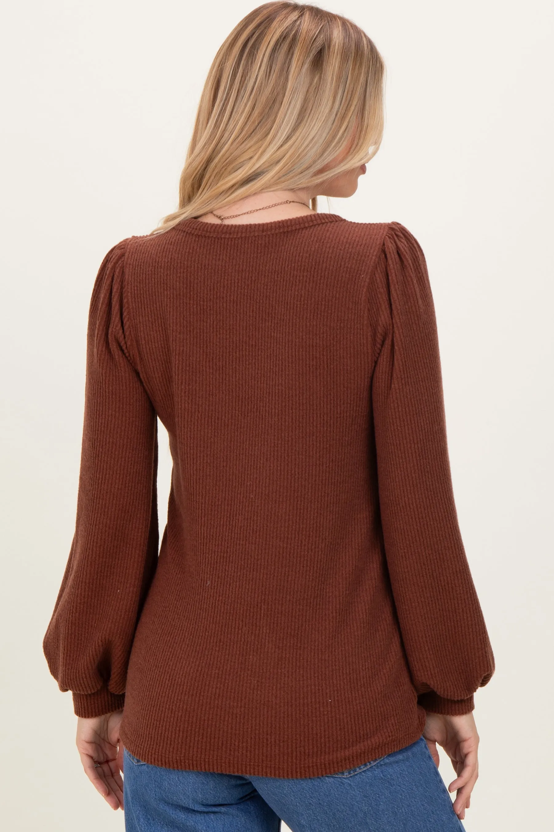 Brown Solid Ribbed Long Sleeve V-Neck Tunic Top sold by Pinkblush product image thumbnail 4