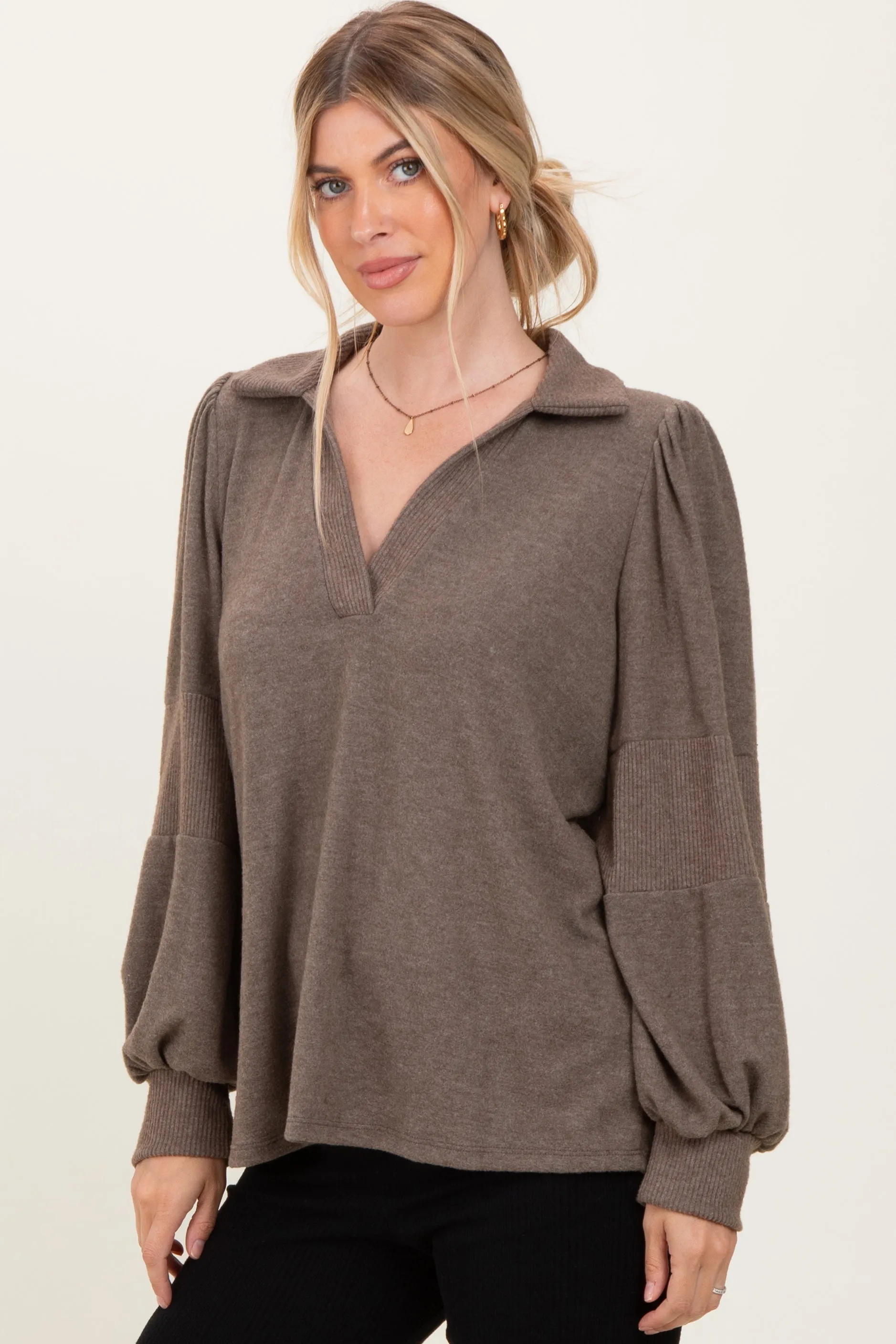 Brown Brushed Colorblock Long Sleeve Collared V-Neck Top sold by Pinkblush product image thumbnail 3