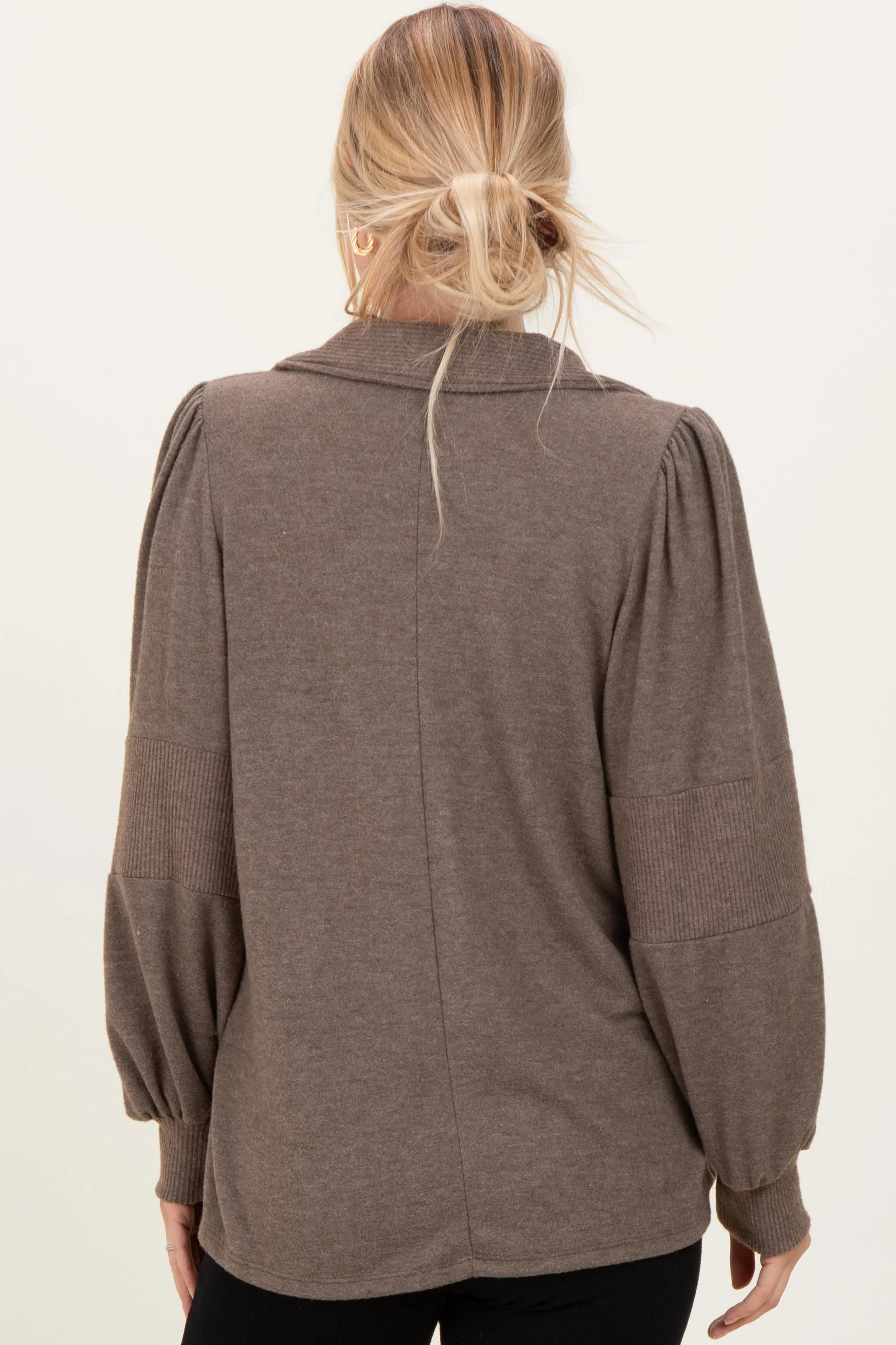 Brown Brushed Colorblock Long Sleeve Collared V-Neck Top sold by Pinkblush product image thumbnail 4
