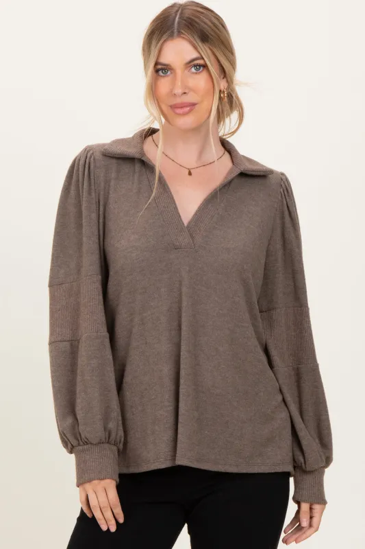 Brown Brushed Colorblock Long Sleeve Collared V-Neck Top sold by Pinkblush