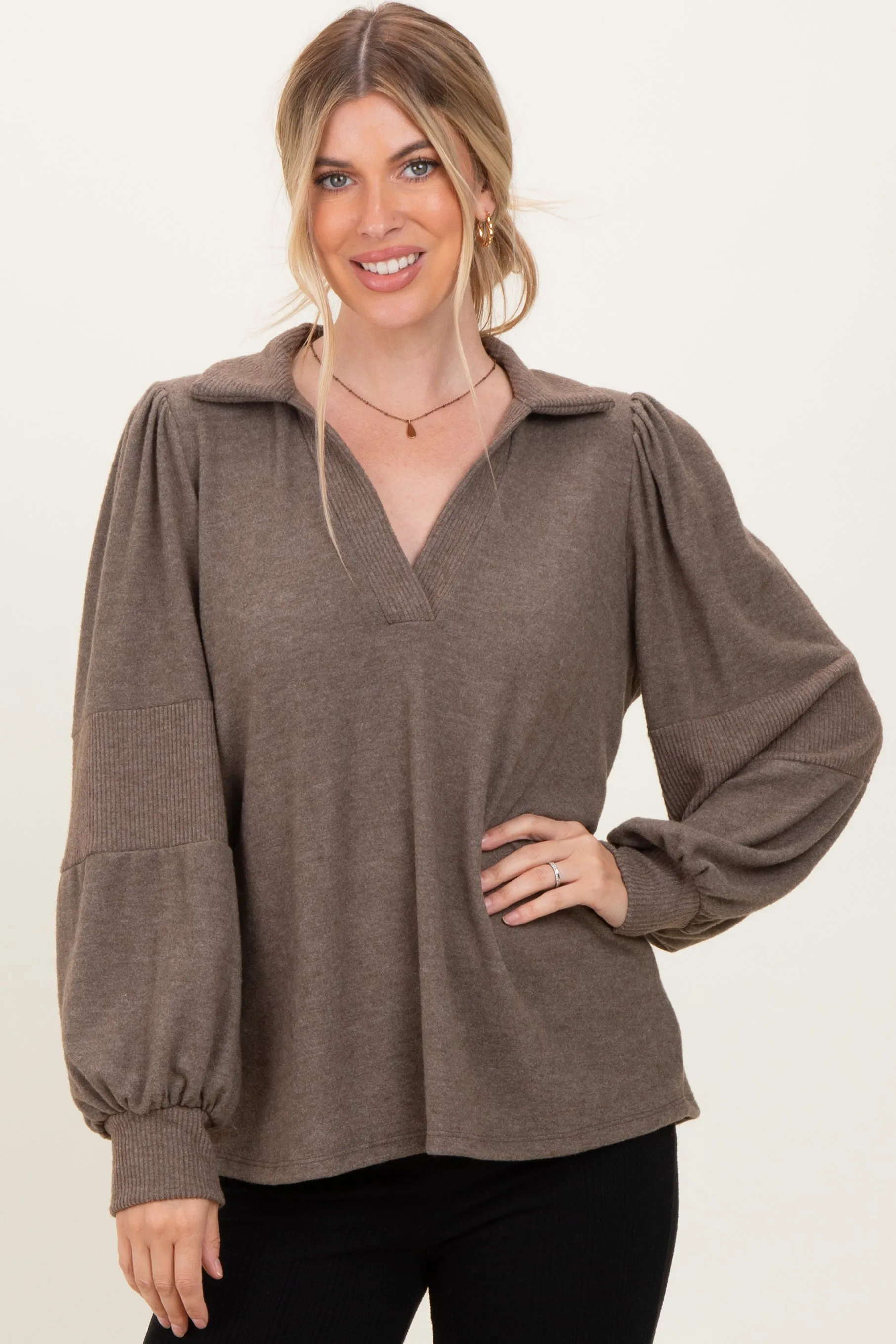 Brown Brushed Colorblock Long Sleeve Collared V-Neck Top sold by Pinkblush product image thumbnail 2
