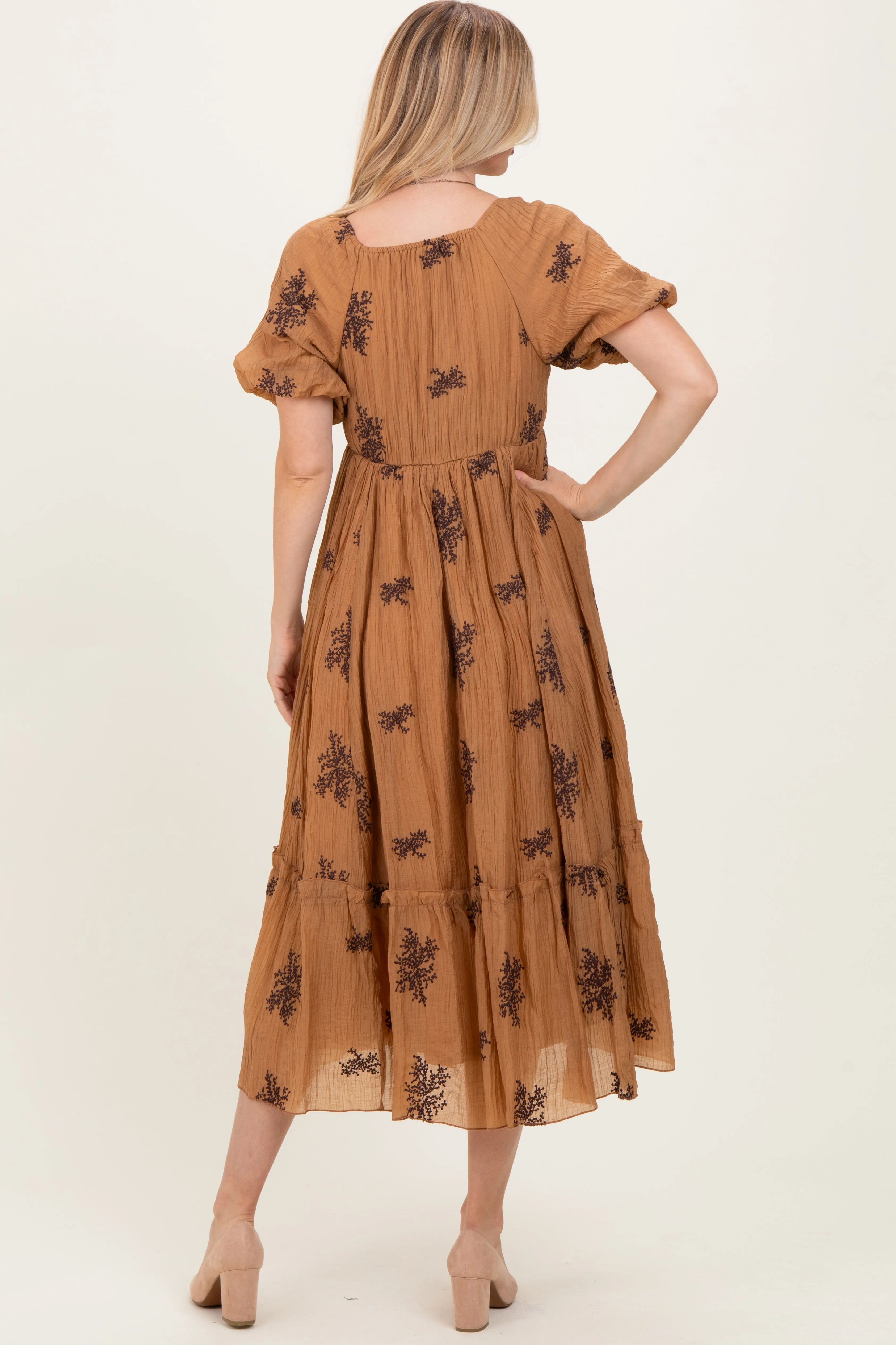 Taupe Floral Embroidered Puff Sleeve Midi Dress sold by Pinkblush product image thumbnail 4