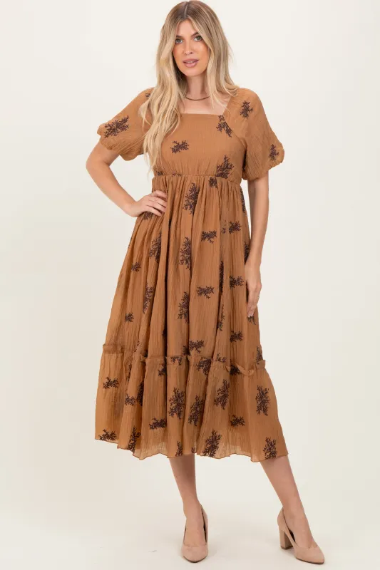 Taupe Floral Embroidered Puff Sleeve Midi Dress sold by Pinkblush