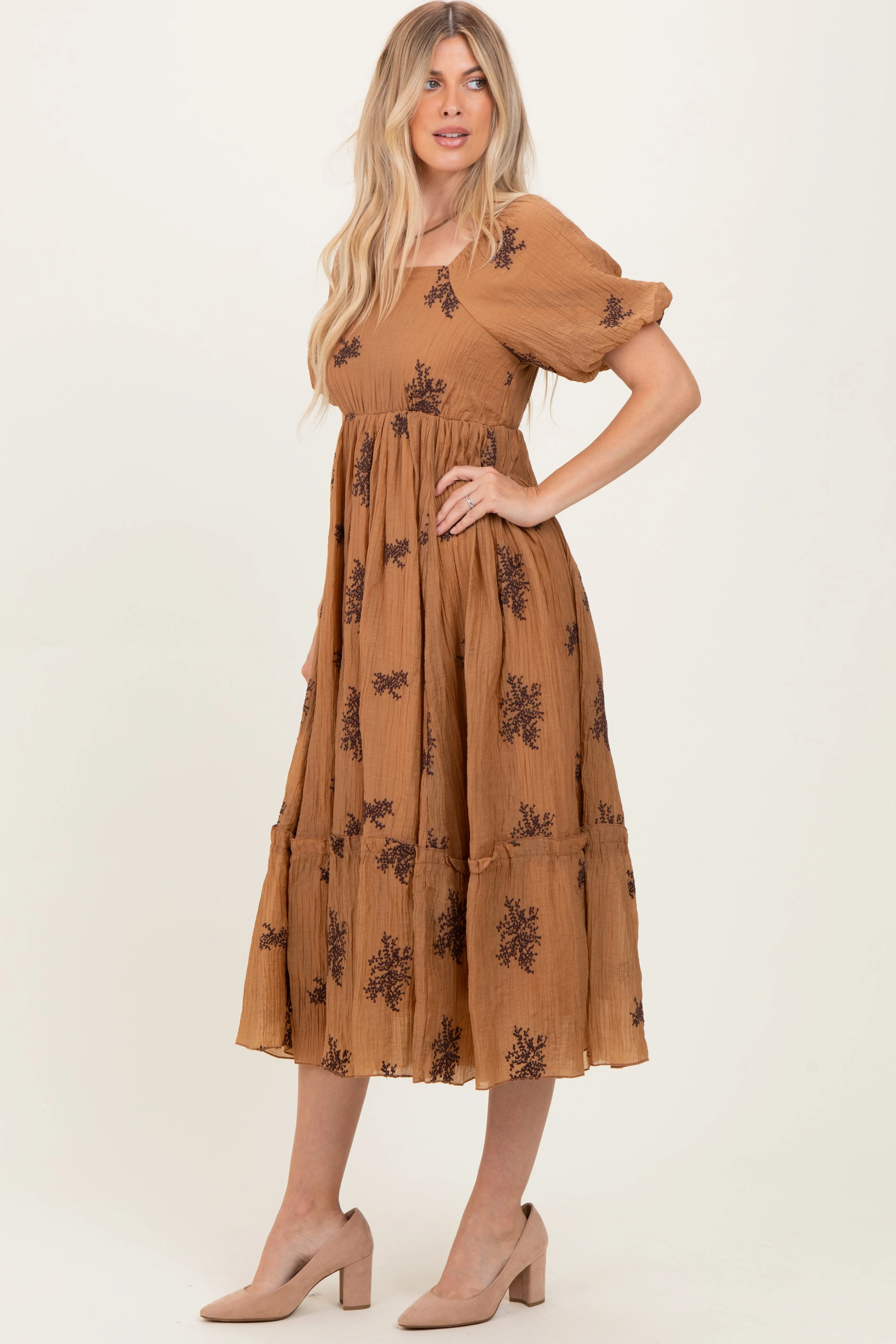 Taupe Floral Embroidered Puff Sleeve Midi Dress sold by Pinkblush product image thumbnail 3
