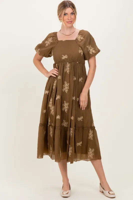 Mocha Floral Embroidered Puff Sleeve Midi Dress sold by Pinkblush