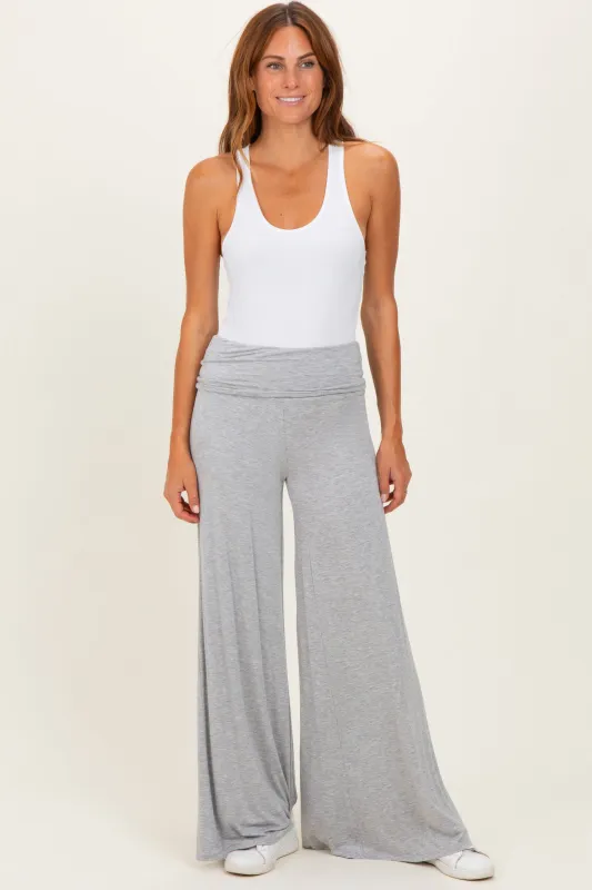 Heather Grey Fold Over Waist Wide Leg Lounge Pants sold by Pinkblush