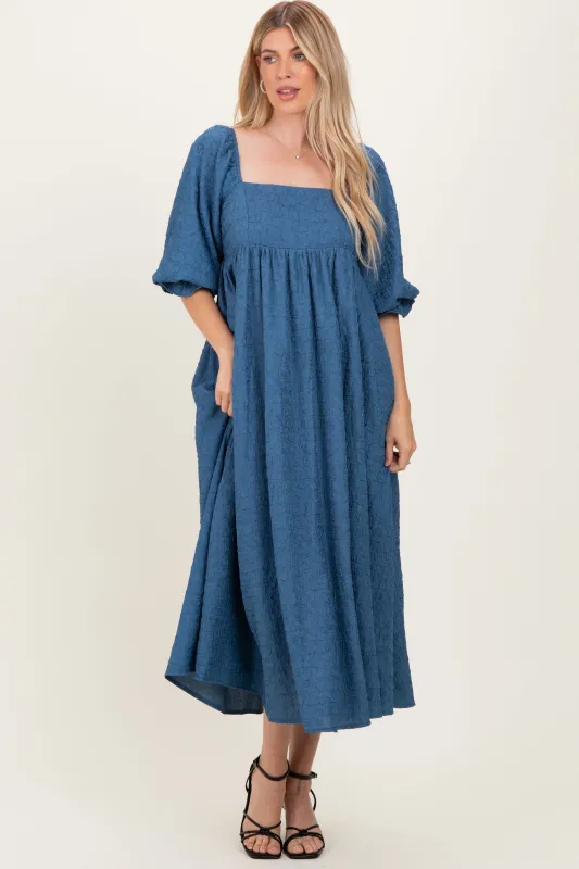 Blue Textured 3/4 Puff Sleeve Maxi Dress sold by Pinkblush