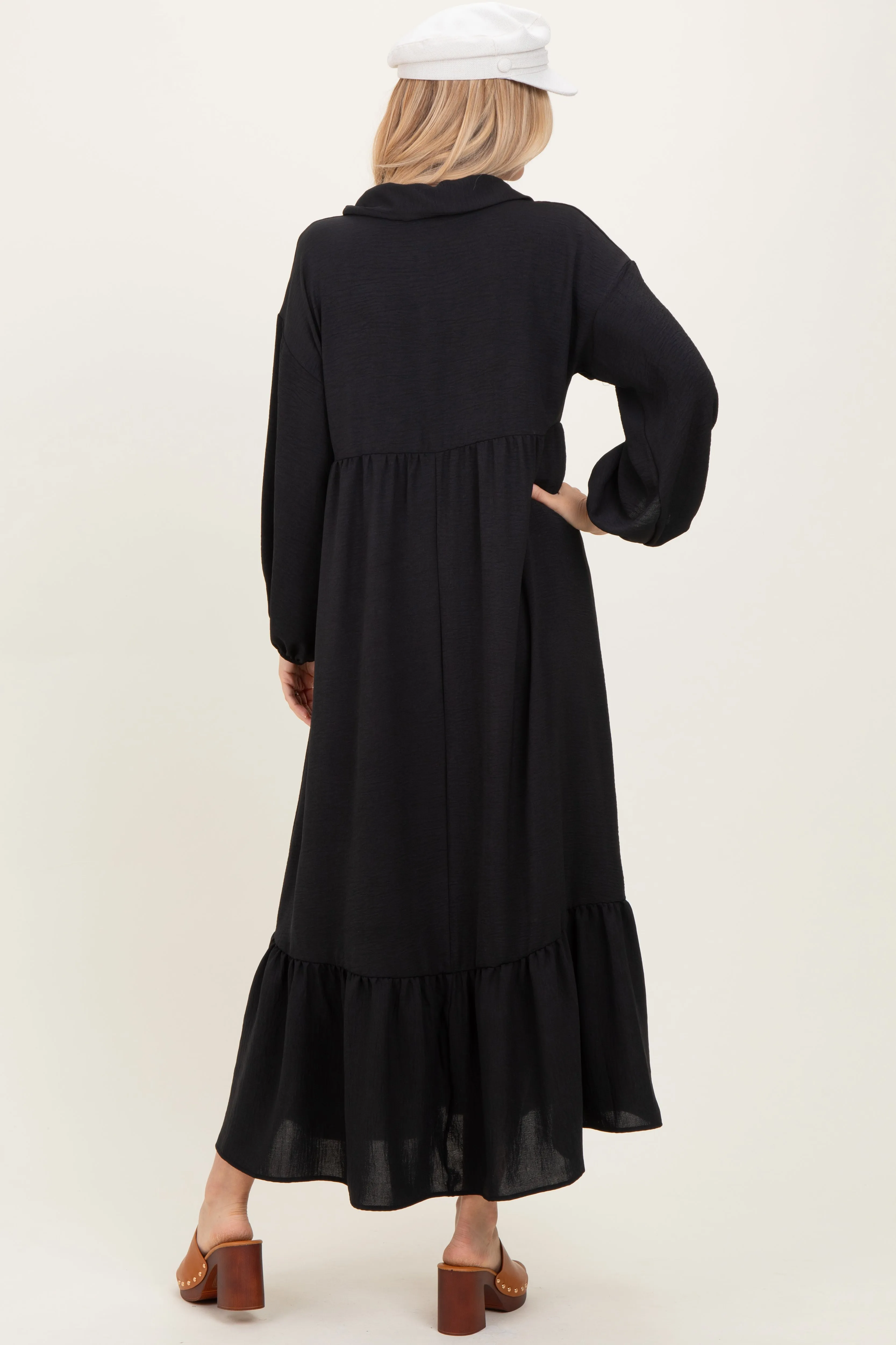 Black Solid Long Sleeve Button Down Tiered Collared Dress sold by Pinkblush product image thumbnail 2