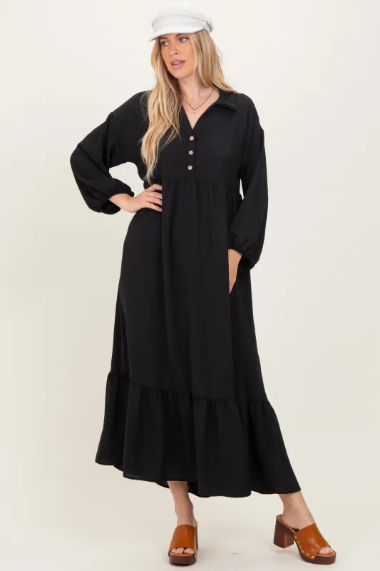 Black Solid Long Sleeve Button Down Tiered Collared Dress sold by Pinkblush