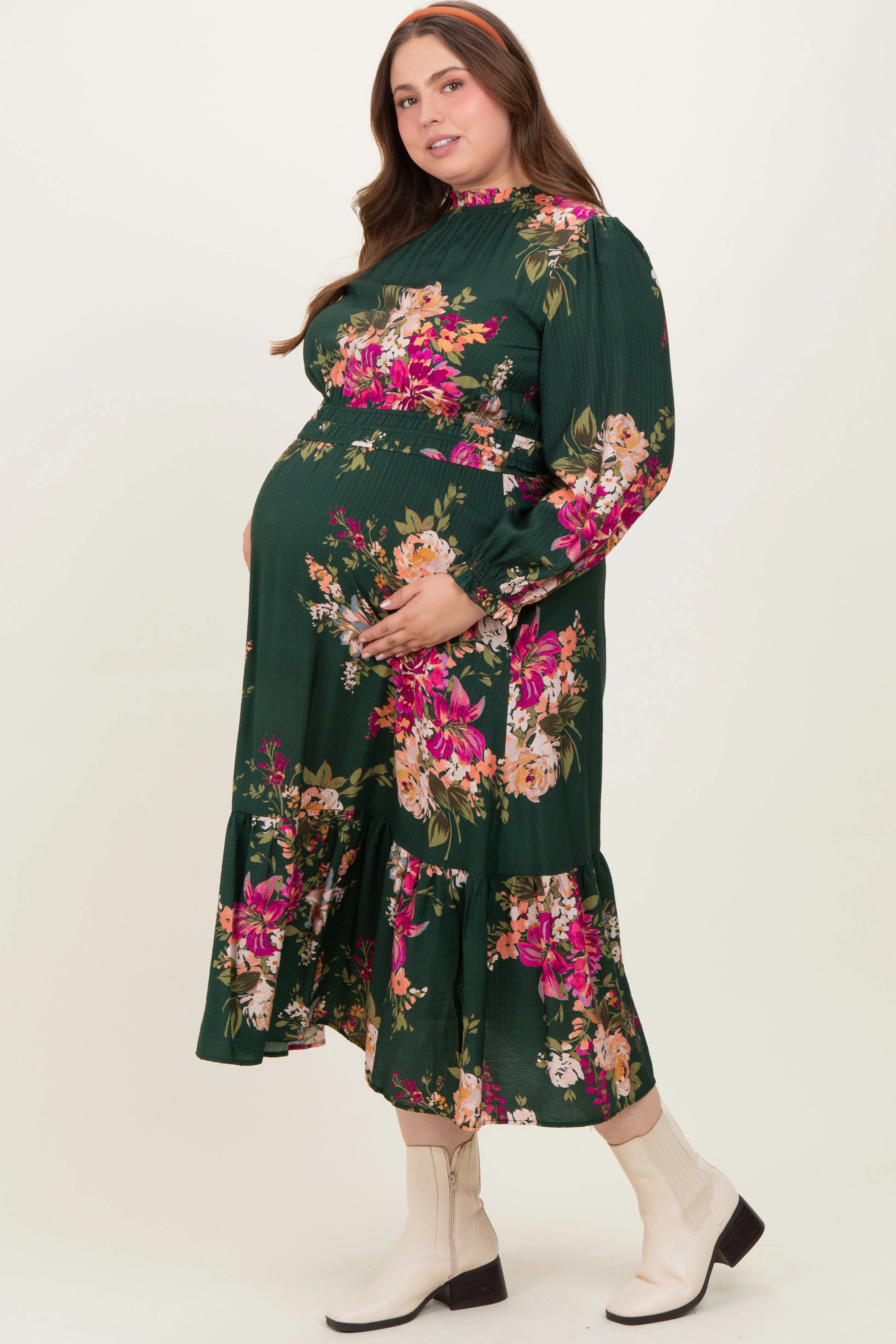 Forest Green Floral Long Sleeve Maternity Plus Midi Dress sold by Pinkblush product image thumbnail 3