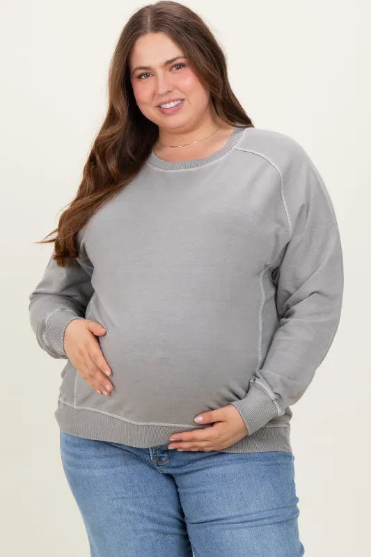 Heather Grey French Terry Vintage Wash Maternity Plus Pullover made by Zenana Outfitters