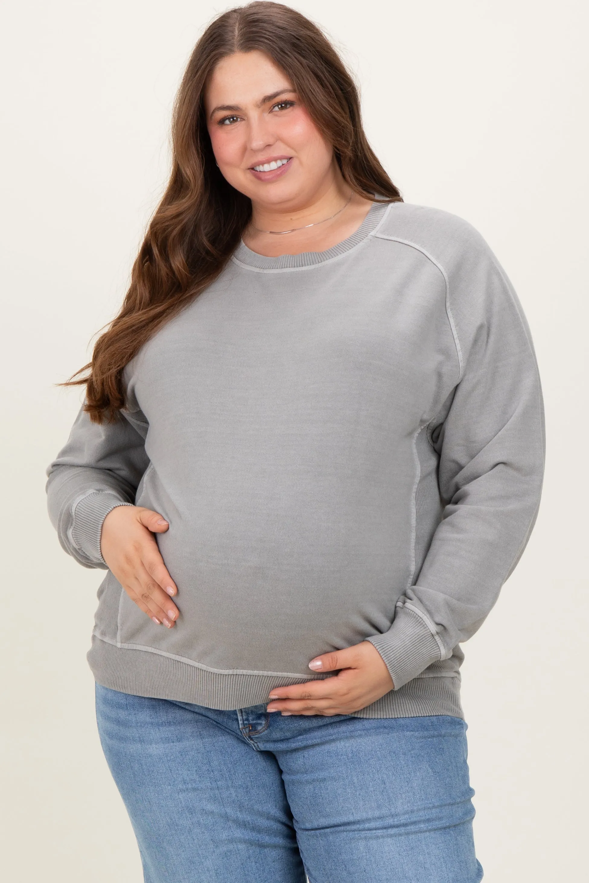 Heather Grey French Terry Vintage Wash Maternity Plus Pullover sold by Pinkblush