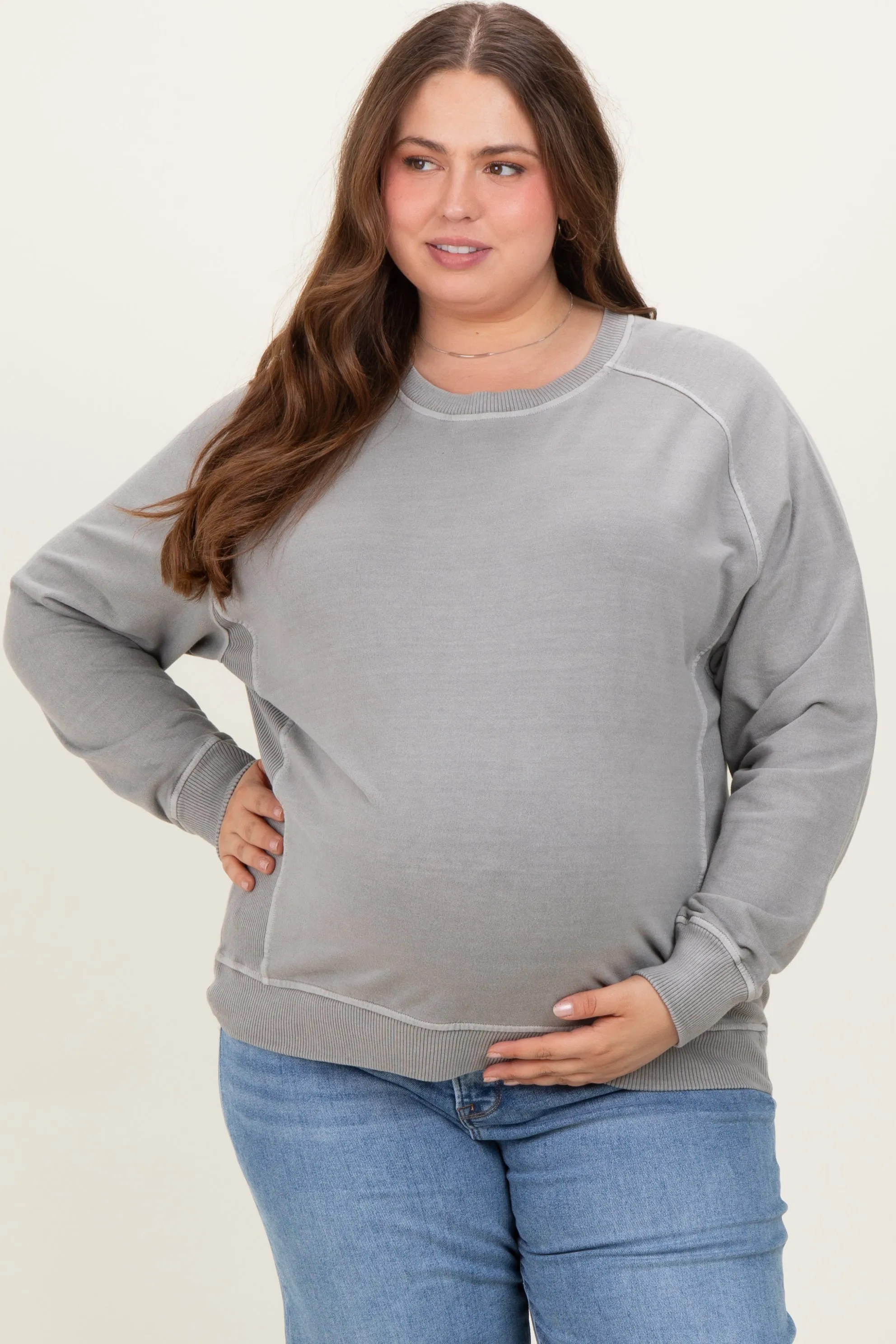 Heather Grey French Terry Vintage Wash Maternity Plus Pullover sold by Pinkblush product image thumbnail 2