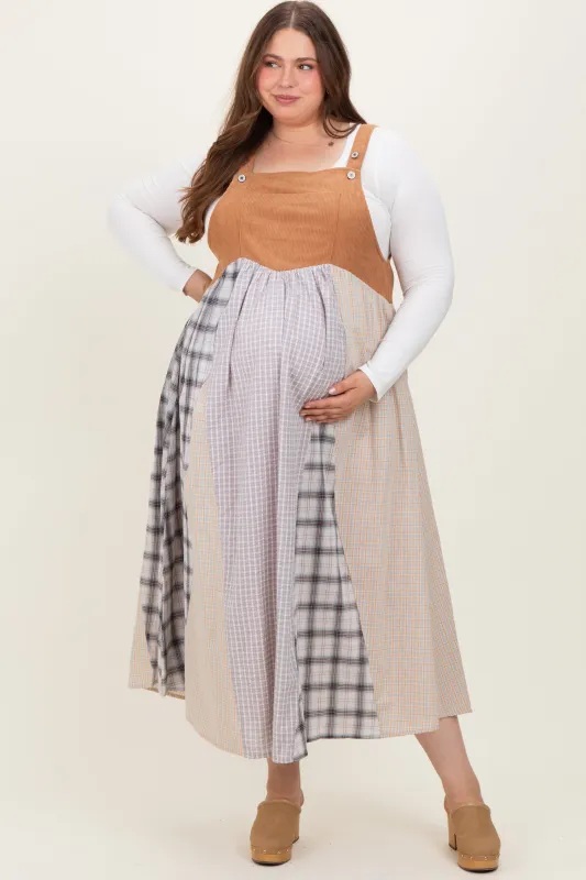Mocha Multicolor Colorblock Plaid Denim Overall Plus Maternity Dress sold by Pinkblush