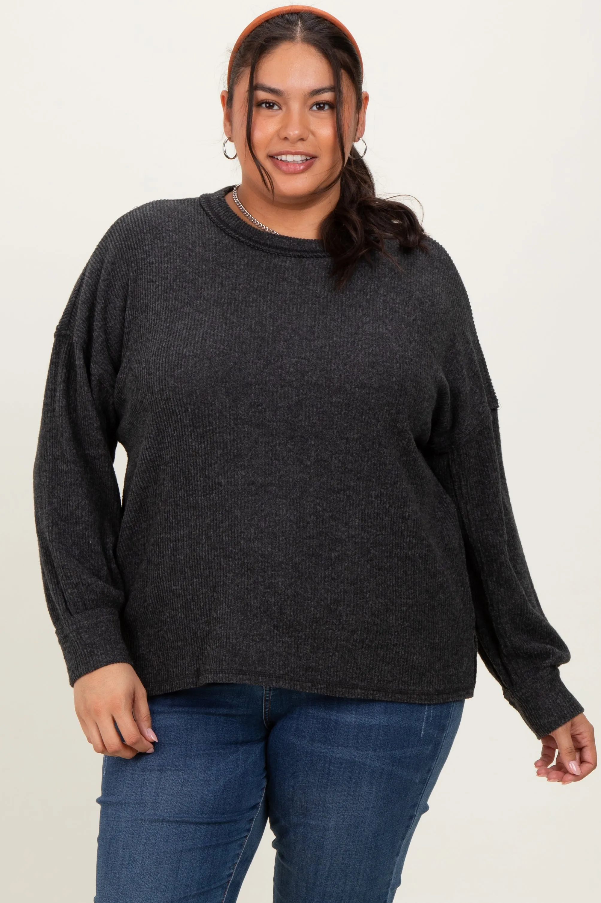 Charcoal Brushed Ribbed Knit Maternity Plus Pullover sold by Pinkblush product image thumbnail 4