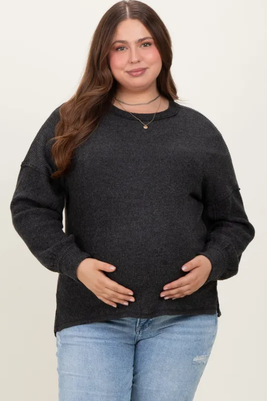 Charcoal Brushed Ribbed Knit Maternity Plus Pullover sold by Pinkblush