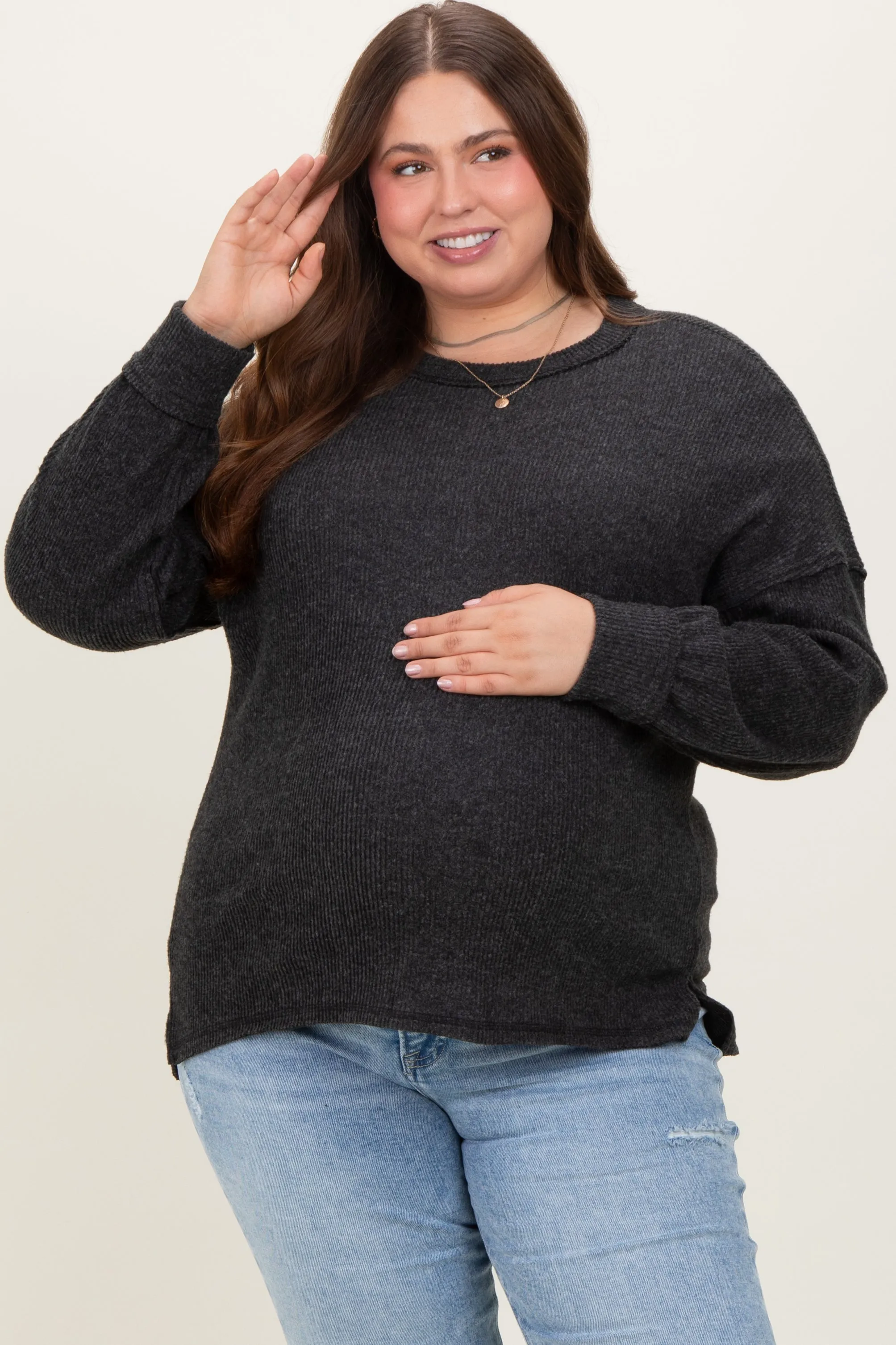 Charcoal Brushed Ribbed Knit Maternity Plus Pullover sold by Pinkblush product image thumbnail 2
