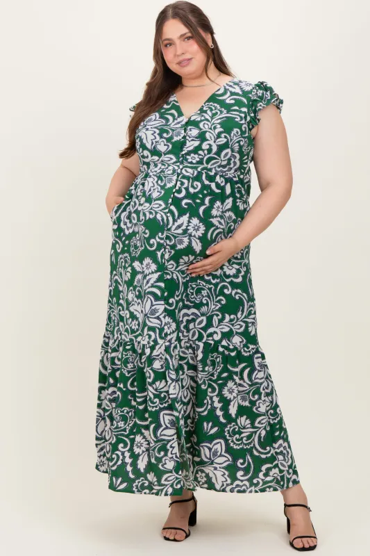 Cream-Green Floral Button Down Plus Maternity Maxi Dress sold by Pinkblush
