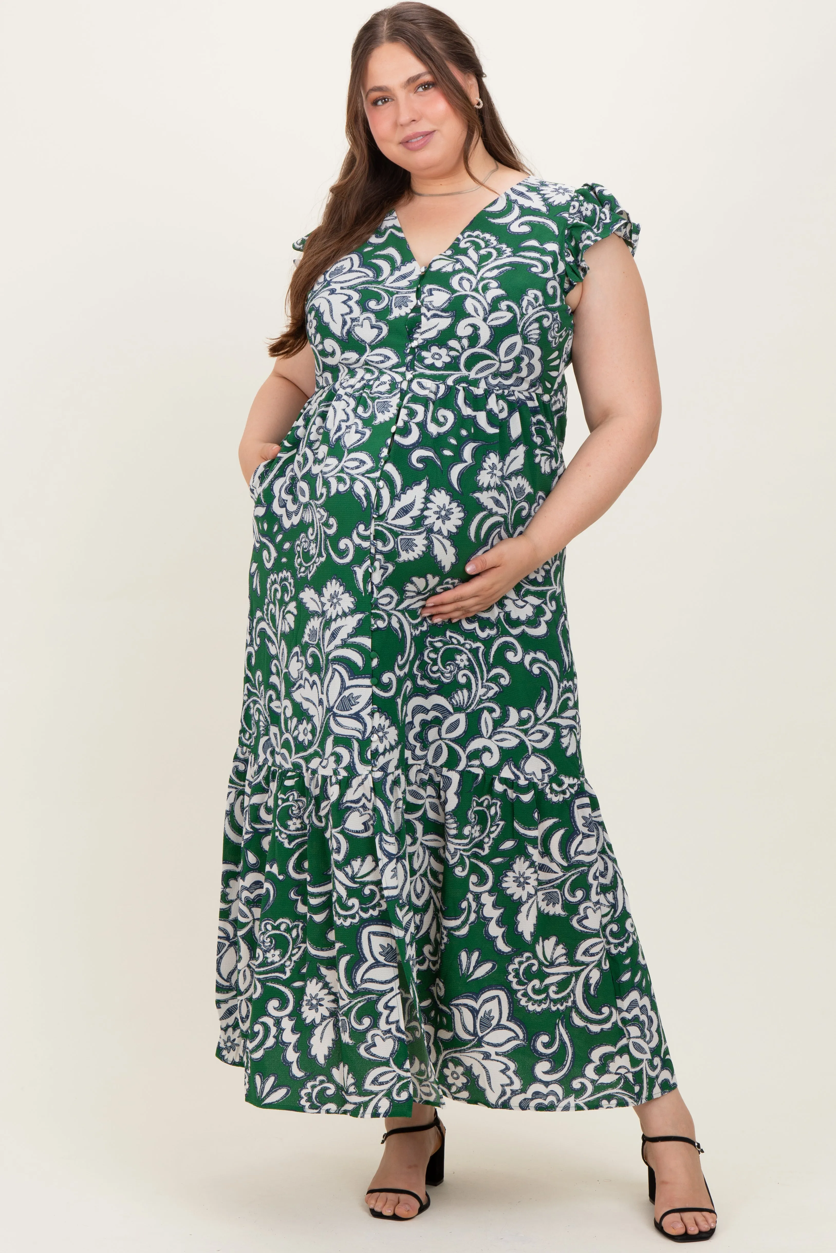 Cream-Green Floral Button Down Plus Maternity Maxi Dress sold by Pinkblush
