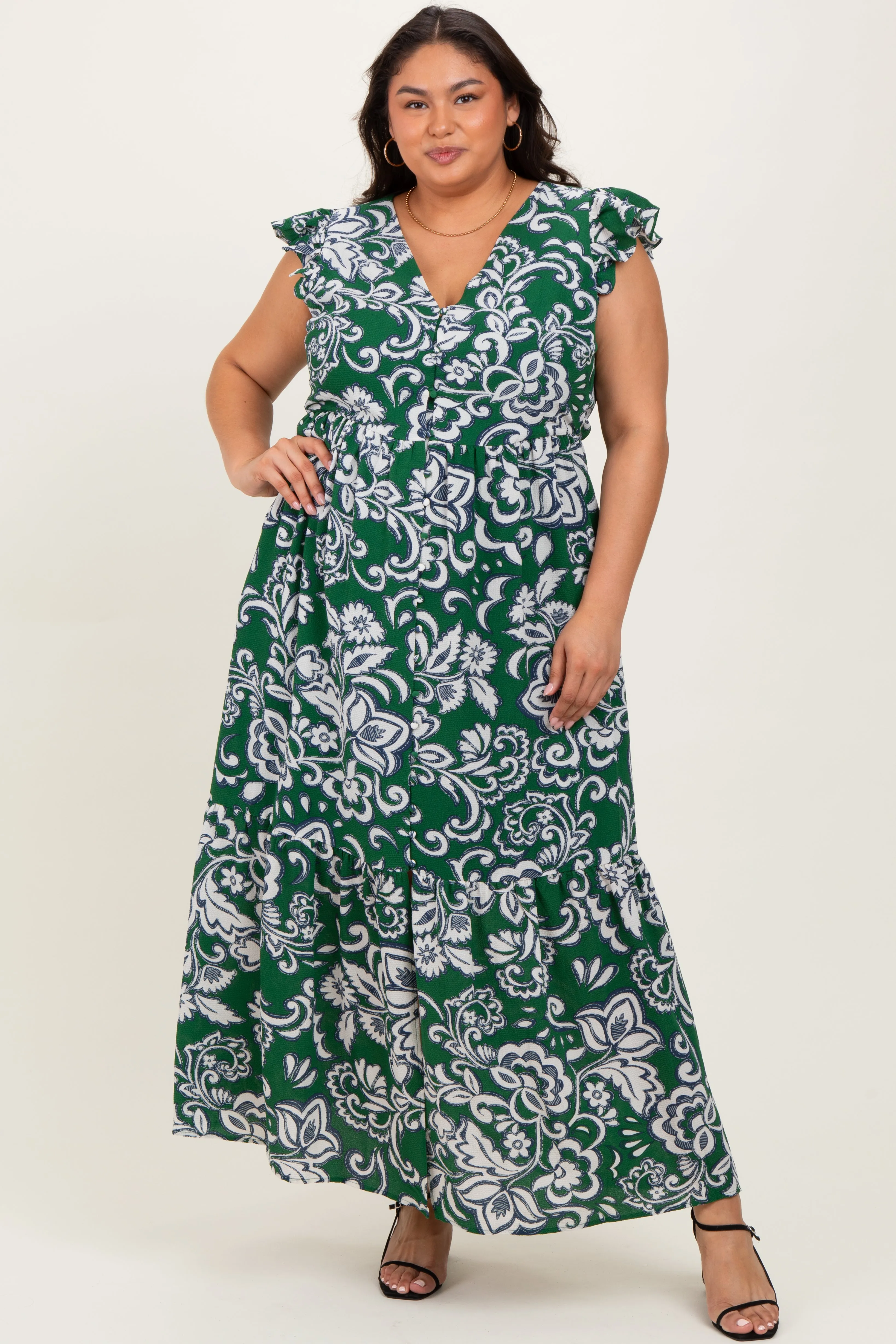 Cream-Green Floral Button Down Plus Maternity Maxi Dress sold by Pinkblush product image thumbnail 5