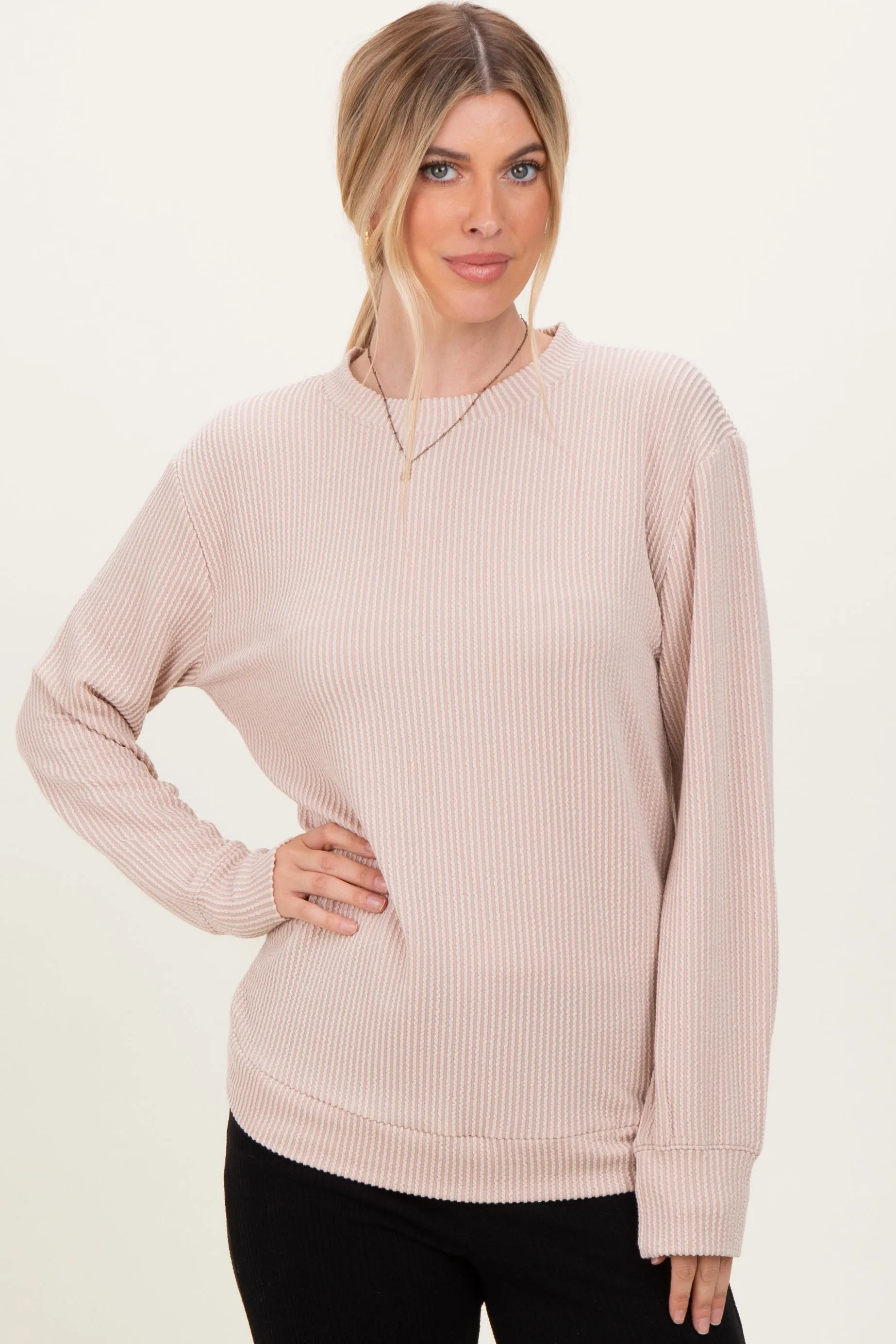 Beige Textured Rib Crew Neck Long Sleeve sold by Pinkblush product image thumbnail 2
