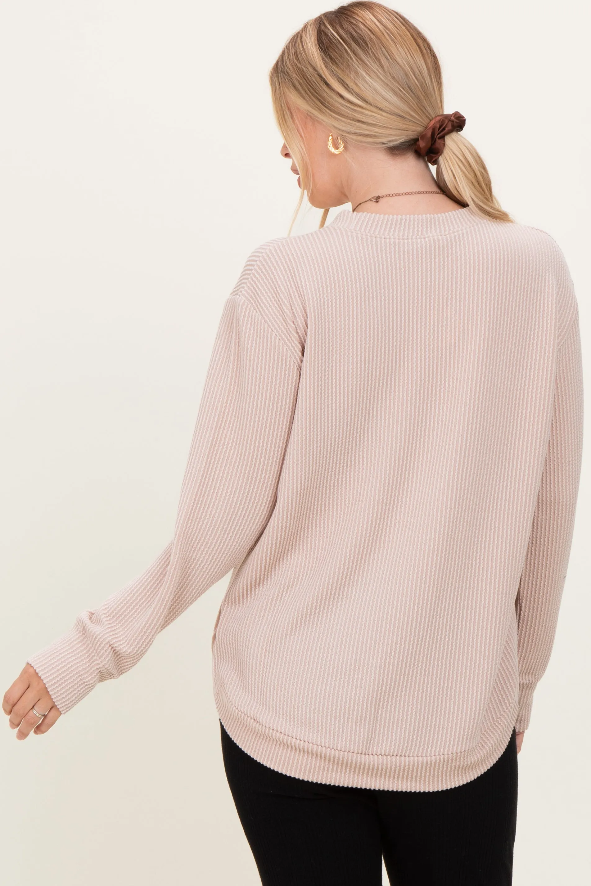 Beige Textured Rib Crew Neck Long Sleeve sold by Pinkblush product image thumbnail 4