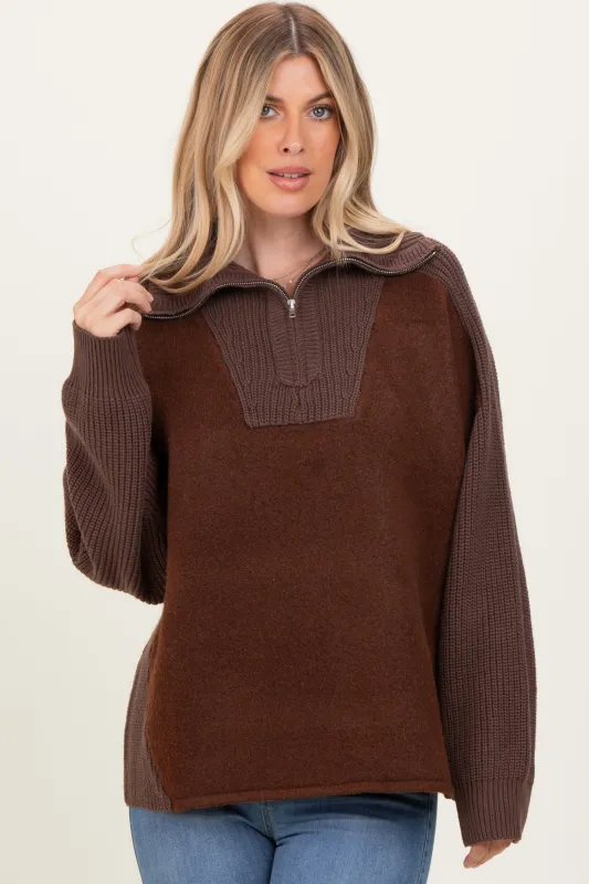 Brown Colorblock Half Zip Pullover Sweater sold by Pinkblush