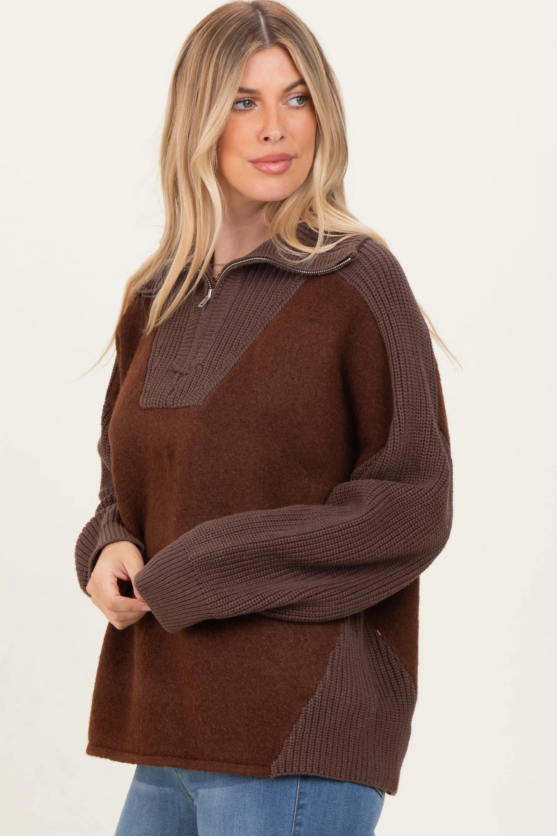 Brown Colorblock Half Zip Pullover Sweater sold by Pinkblush product image thumbnail 3