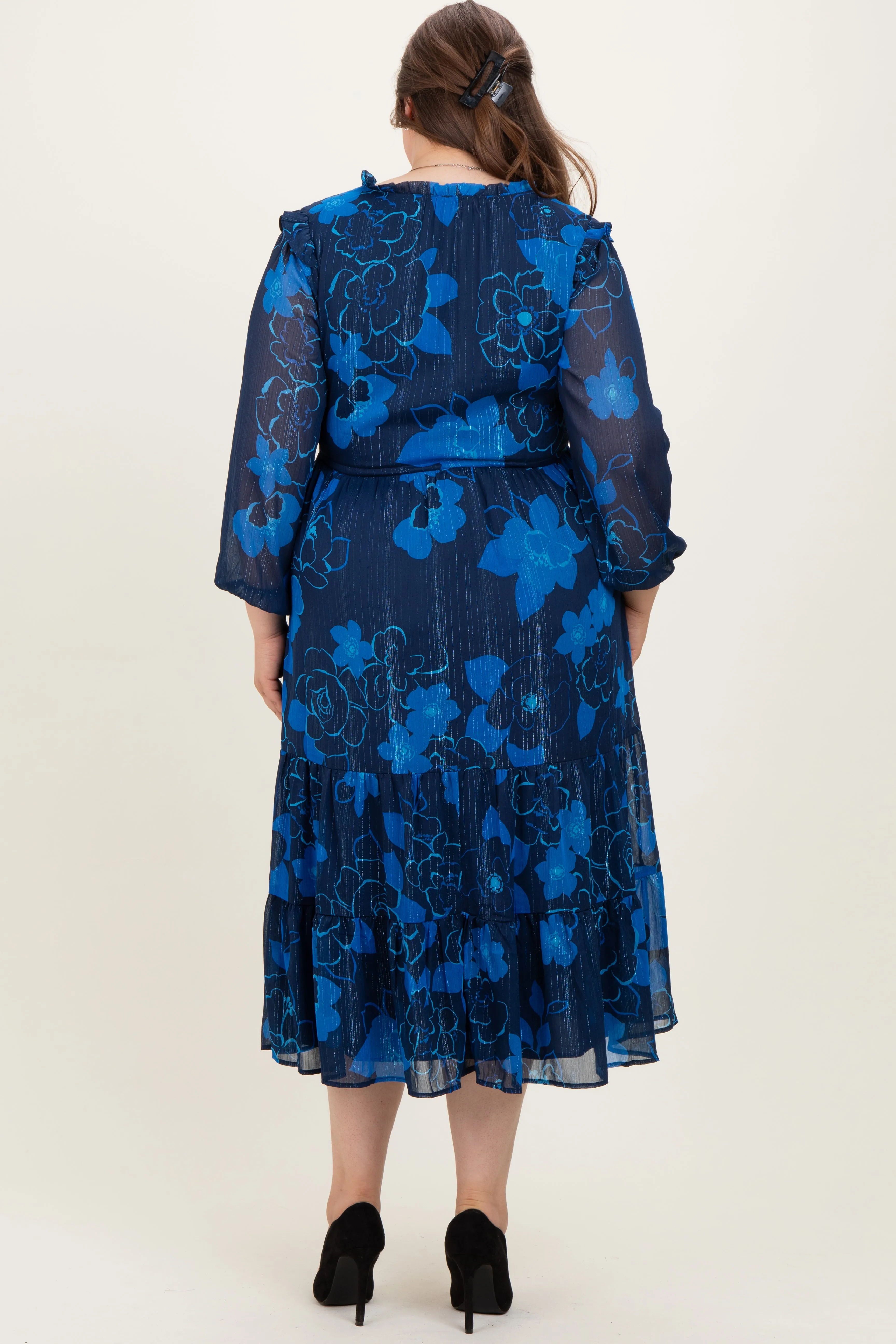 Navy Blue Floral Tiered Plus Maternity Midi Dress sold by Pinkblush product image thumbnail 4